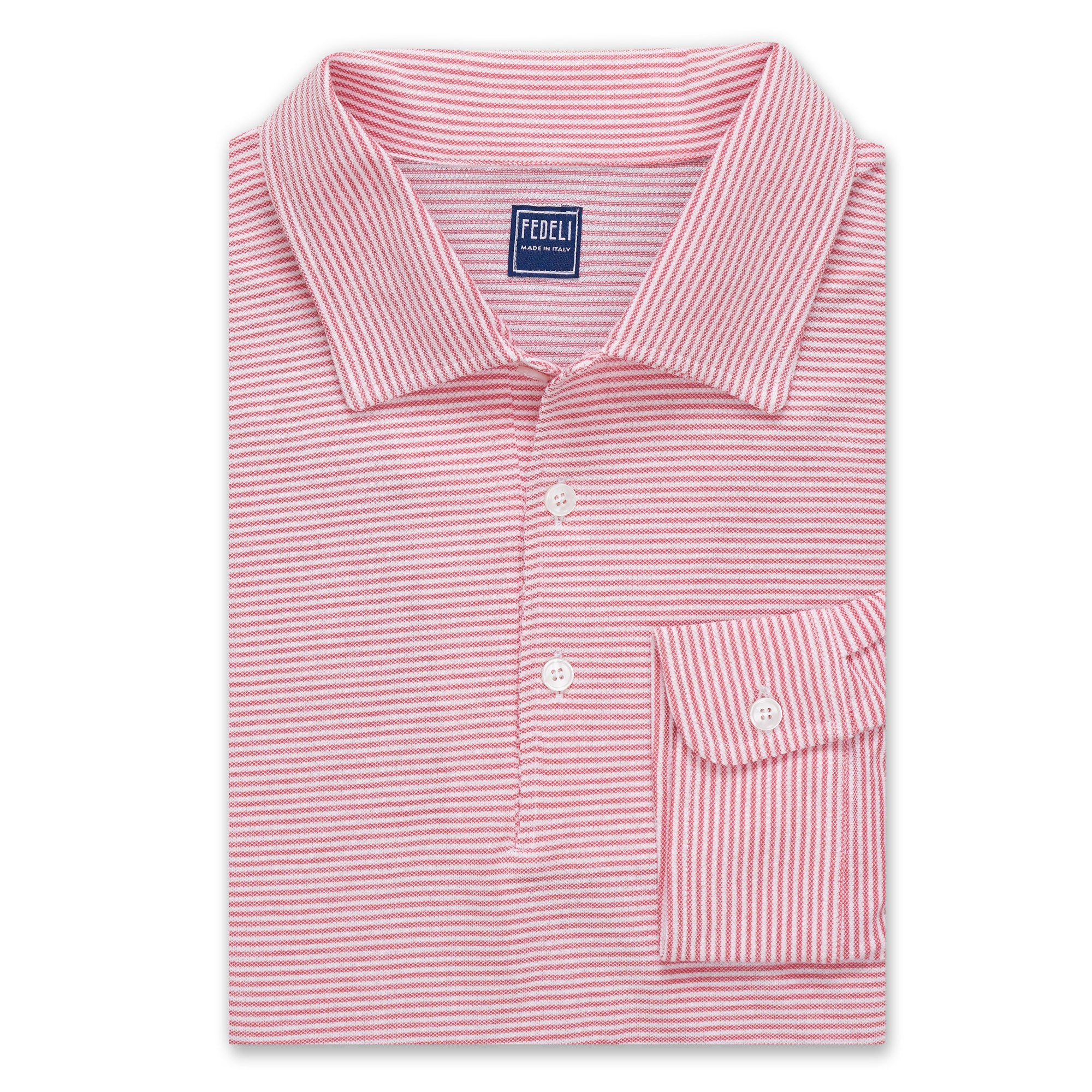 FEDELI Red Striped Cotton Light Pique Long Sleeve Polo Shirt NEW FEDELI