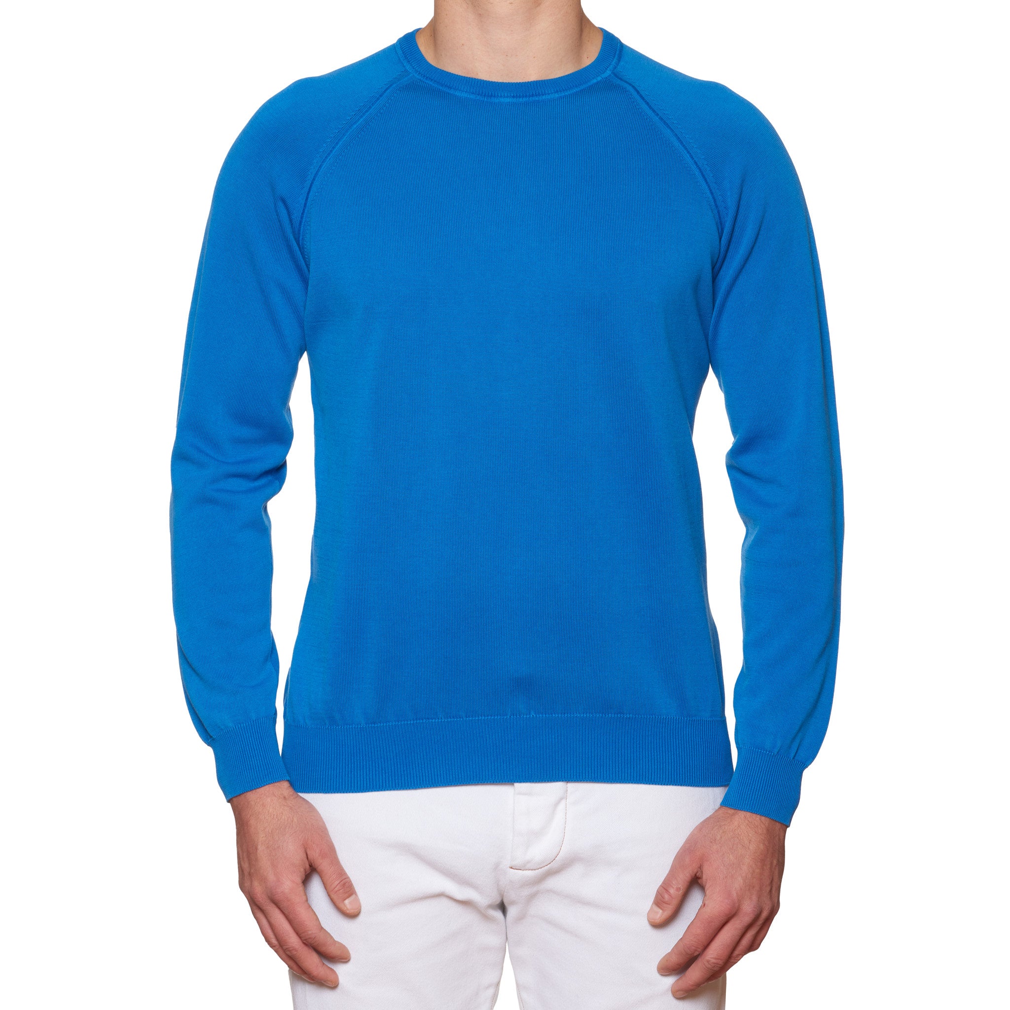 FEDELI Blue Cotton Raglan Sleeve Crewneck Sweater NEW XL FEDELI