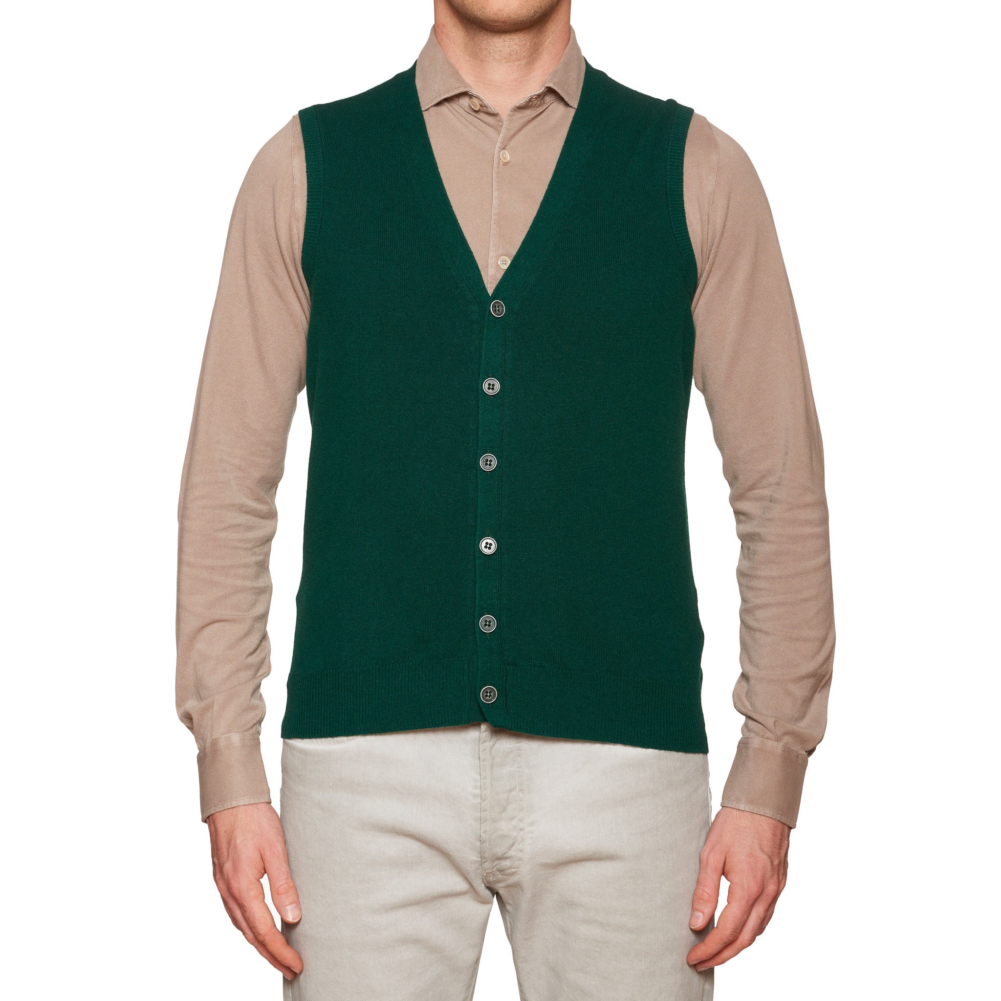 FEDELI Green Cashmere Sleeveless Cardigan Sweater NEW Slim Fit FEDELI
