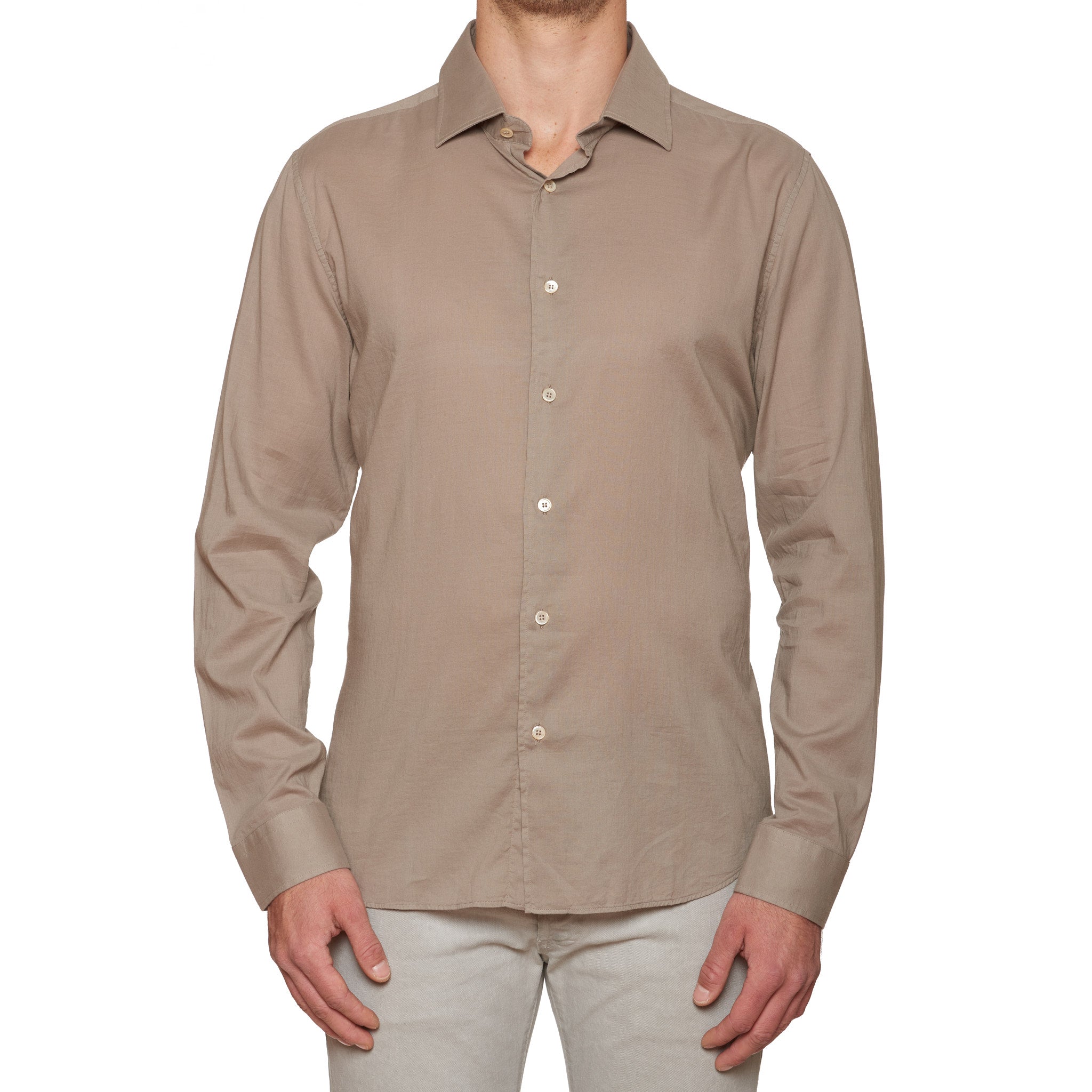 FEDELI Khaki Panamino Cotton Long Sleeve Casual Shirt EU 44 NEW US 17.5 FEDELI