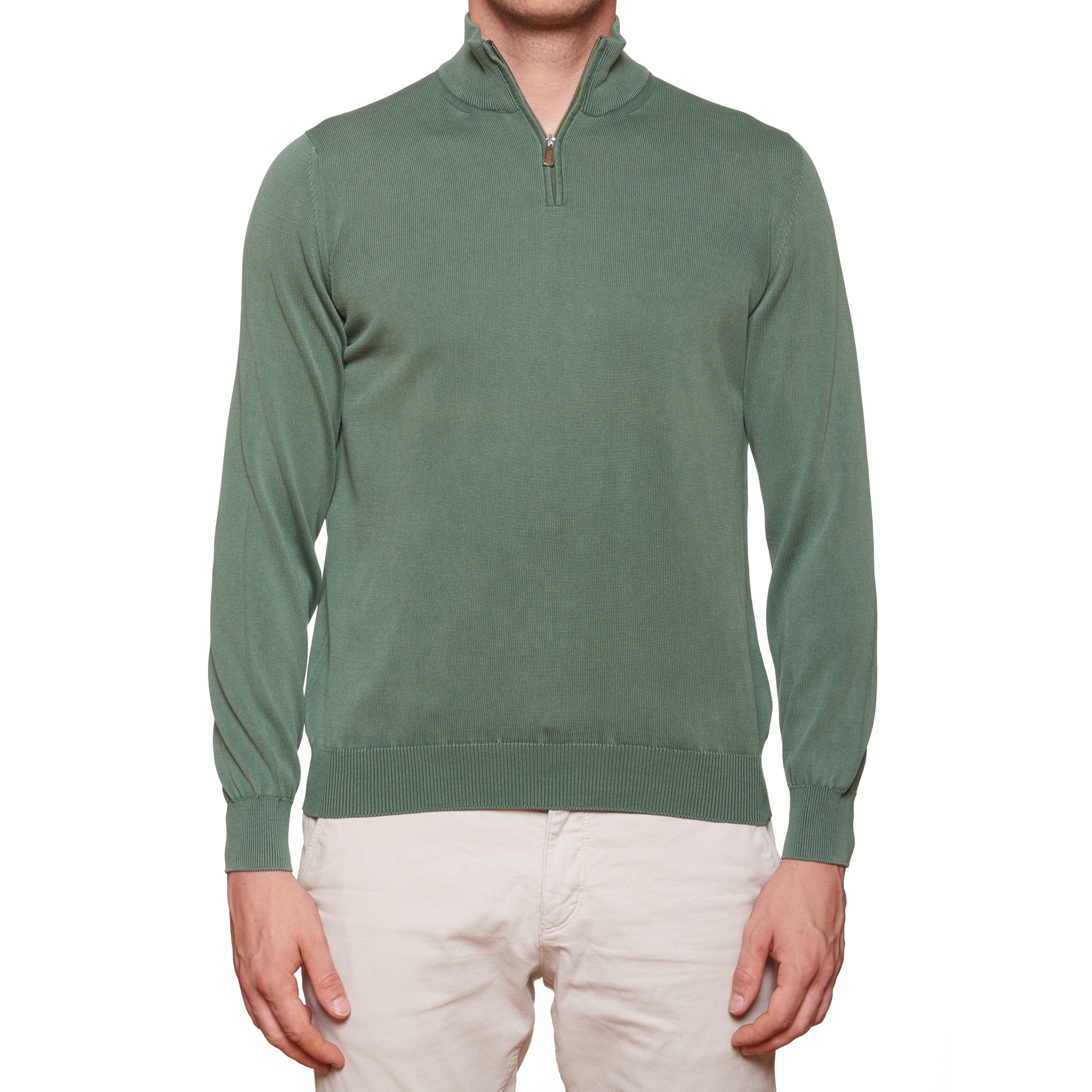 FEDELI Olive Cotton Zip Neck Sweater NEW FEDELI