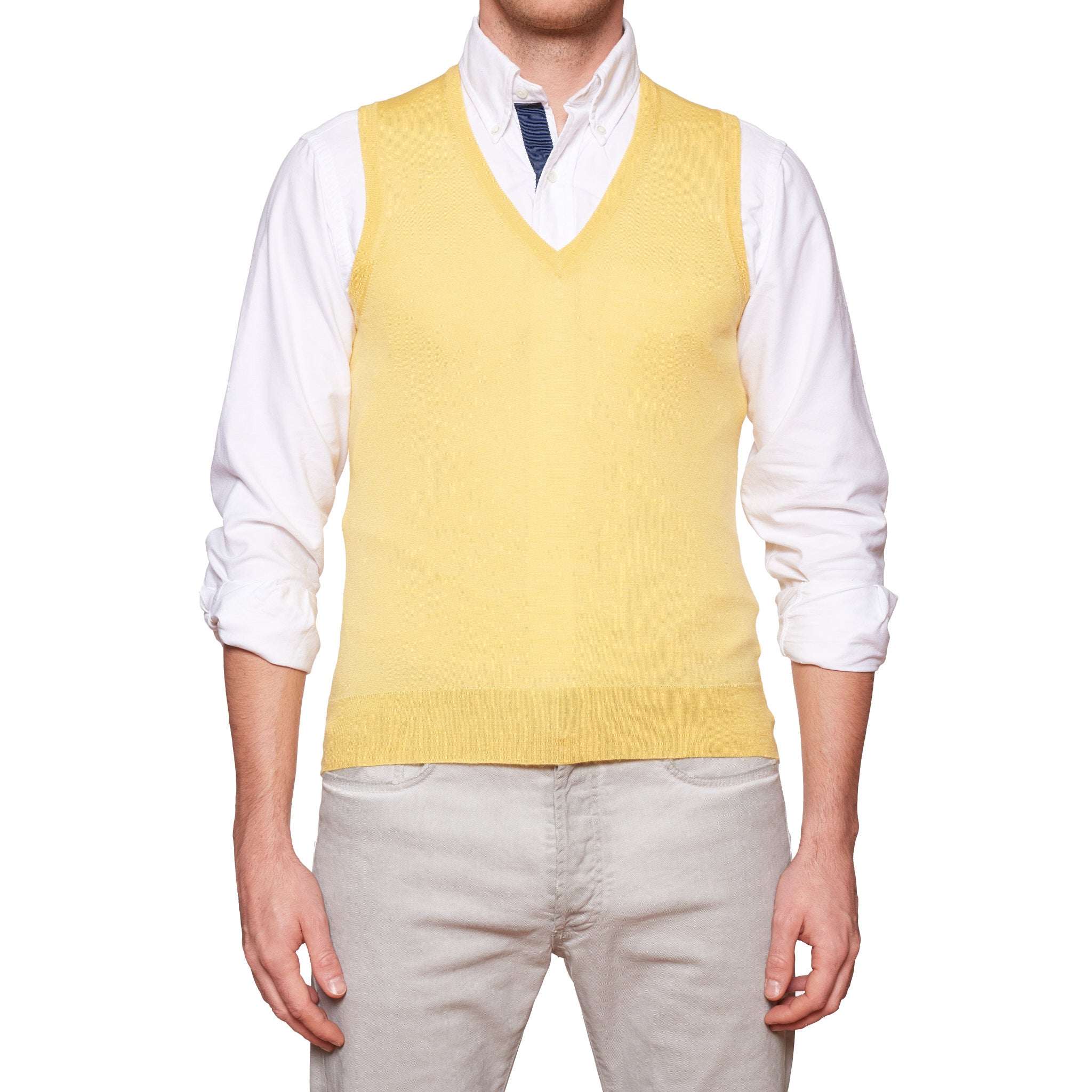 FEDELI Yellow Cashmere-Silk V-Neck Sleeveless Sweater EU 48 NEW US S FEDELI