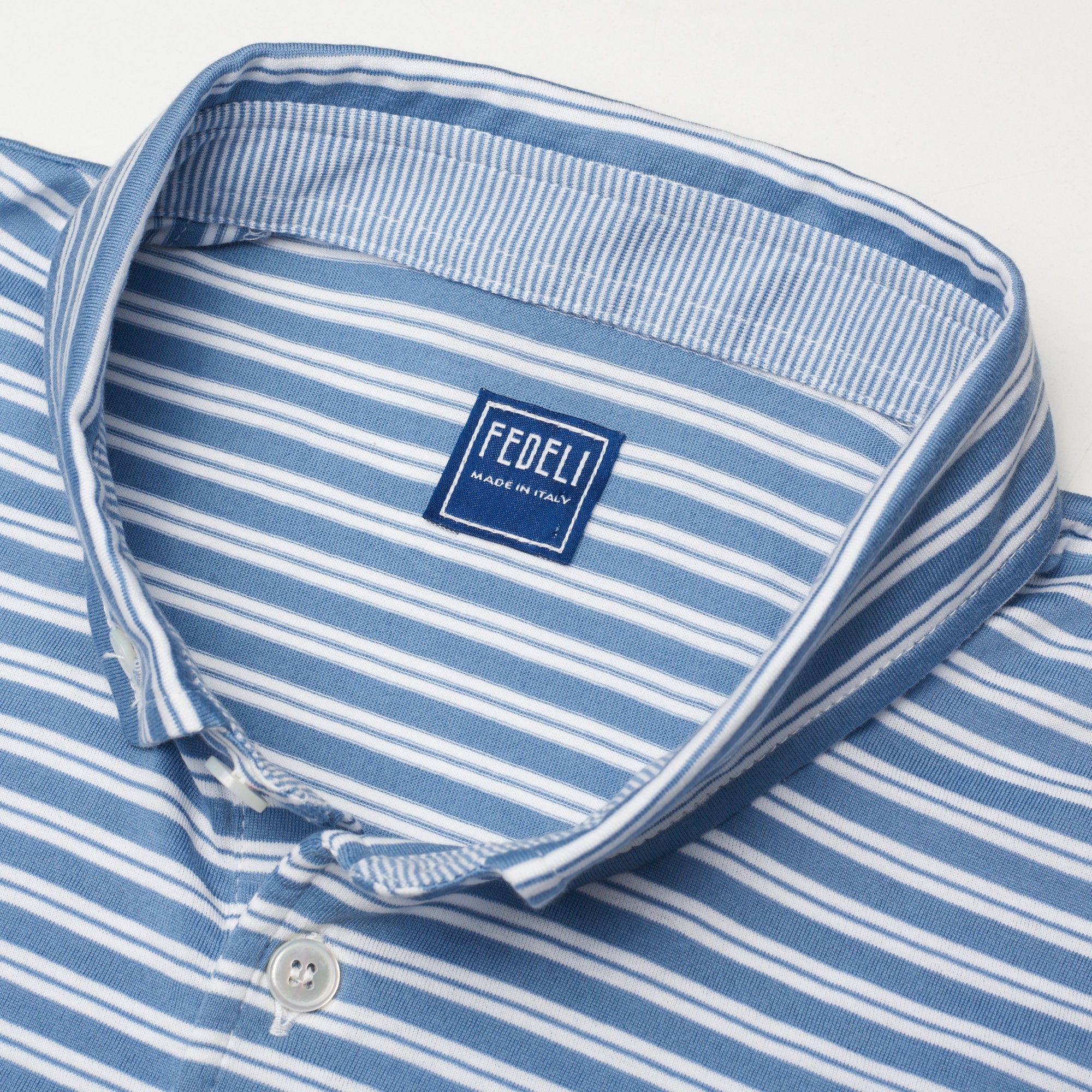 FEDELI "Editing" Blue Striped Jersey Cotton Short Sleeve Button-Down Polo Shirt 52 NEW L FEDELI