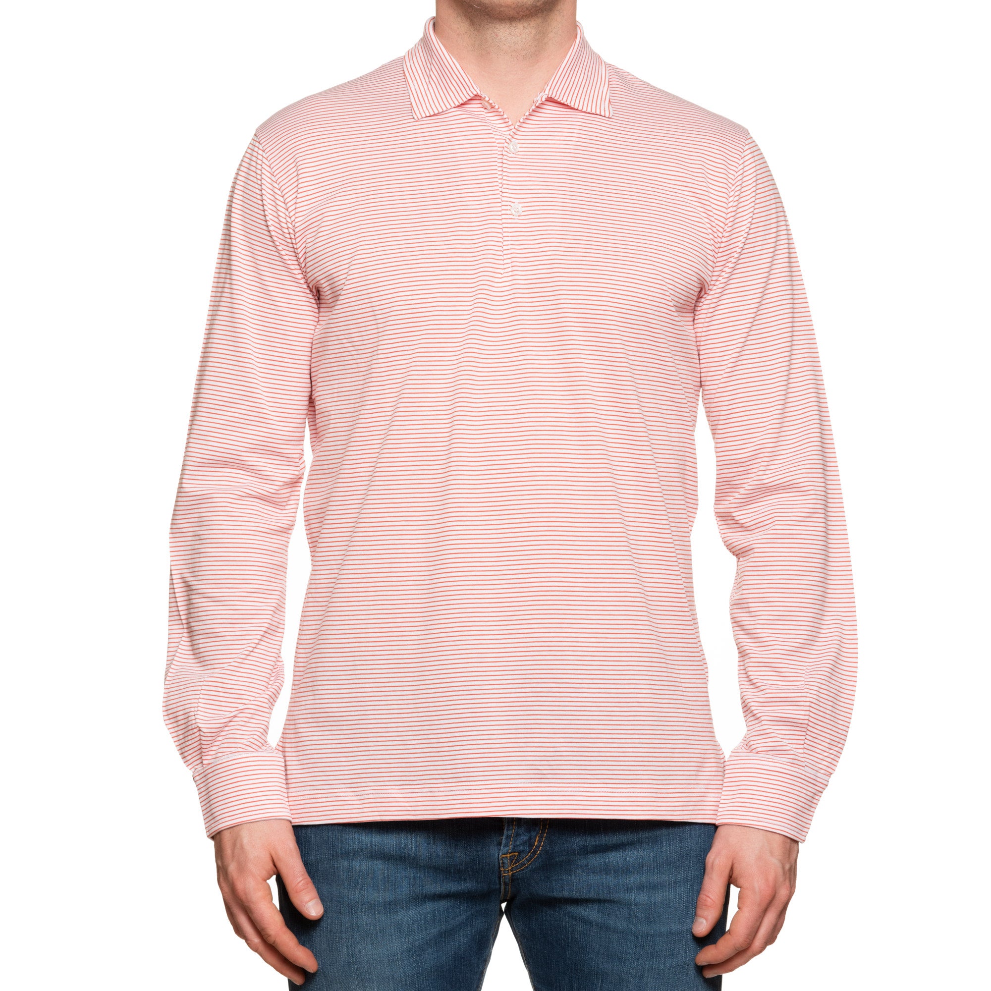 FEDELI "Libeccio" Light Red Striped Cotton Jersey Long Sleeve Polo Shirt 54 NEW XL FEDELI