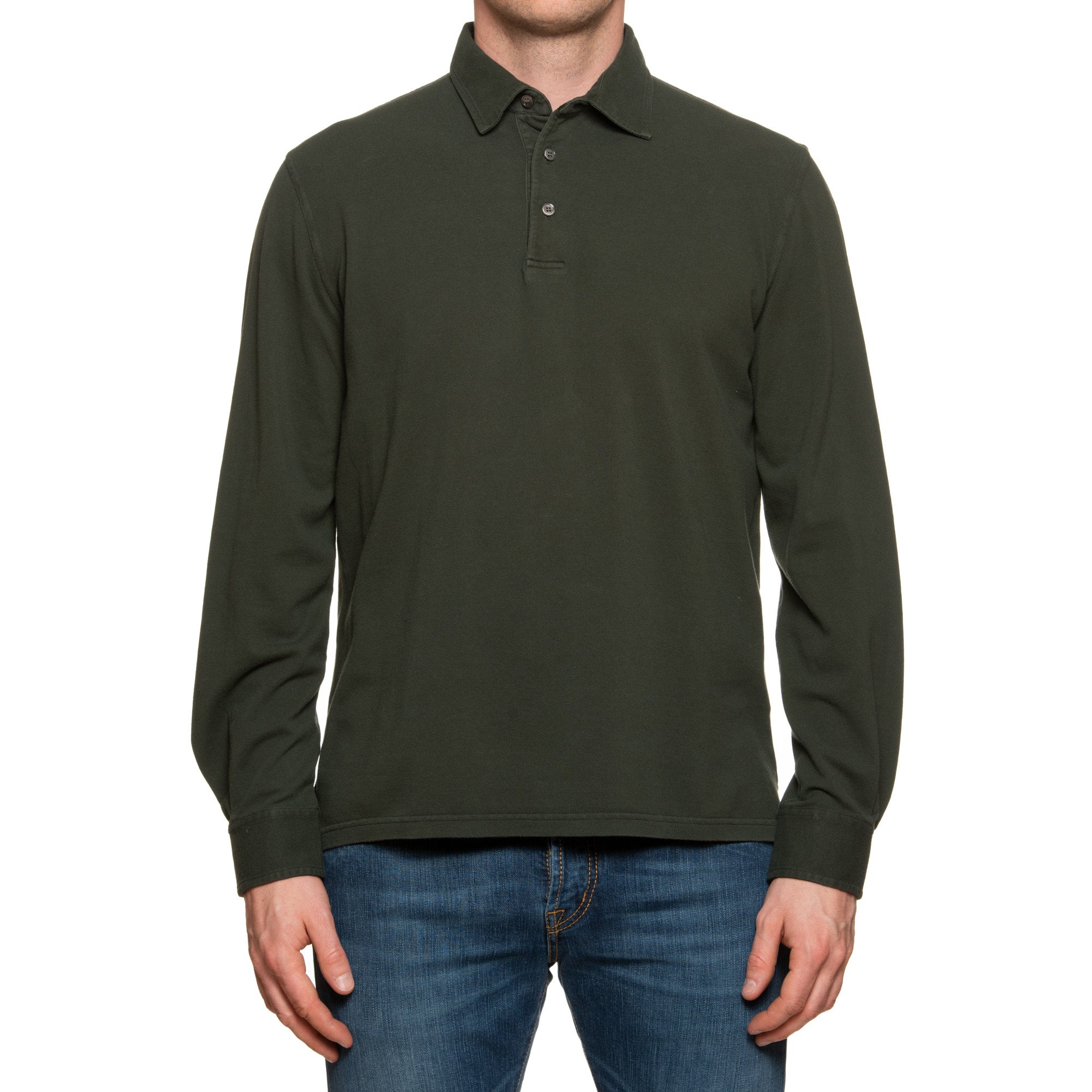 FEDELI "North" Army Green Cotton Pique Long Sleeve Polo Shirt NEW FEDELI