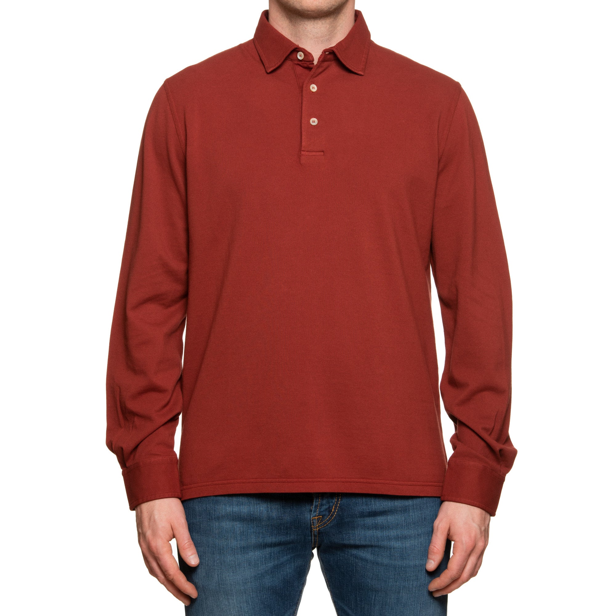 FEDELI "North" Brick Red Cotton Pique Long Sleeve Polo Shirt EU 54 NEW US XL FEDELI