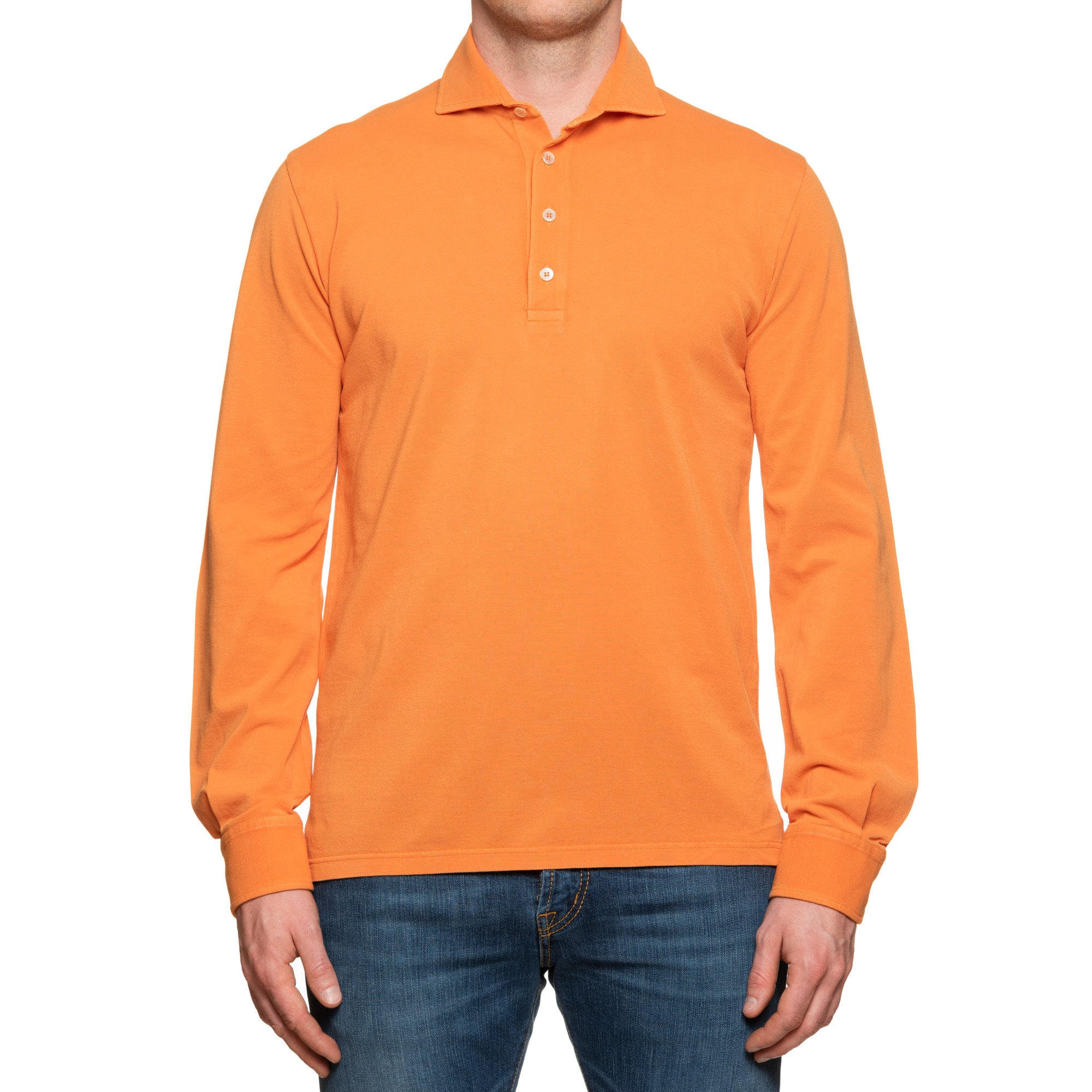 FEDELI "Ring" Orange Cotton Pique Long Sleeve Polo Shirt EU 50 NEW US M FEDELI