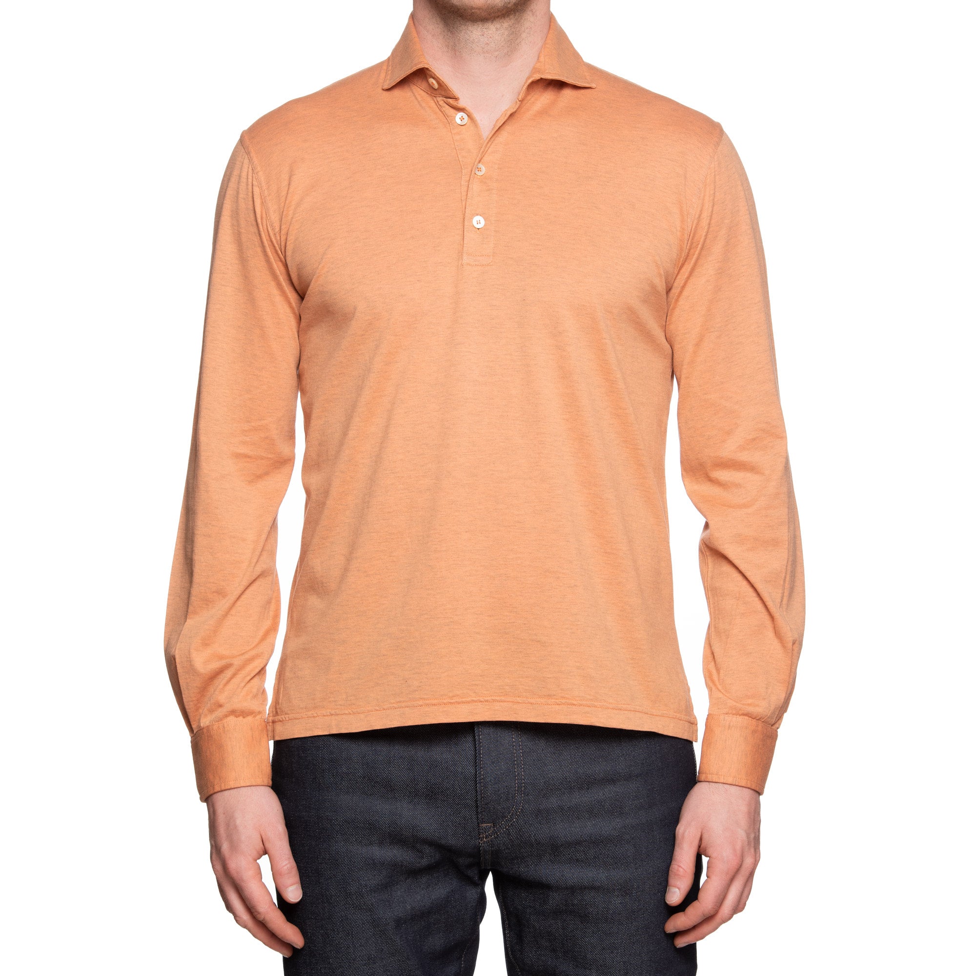 FEDELI "Zero" Heather Peach Cotton Jersey Long Sleeve Polo Shirt NEW FEDELI