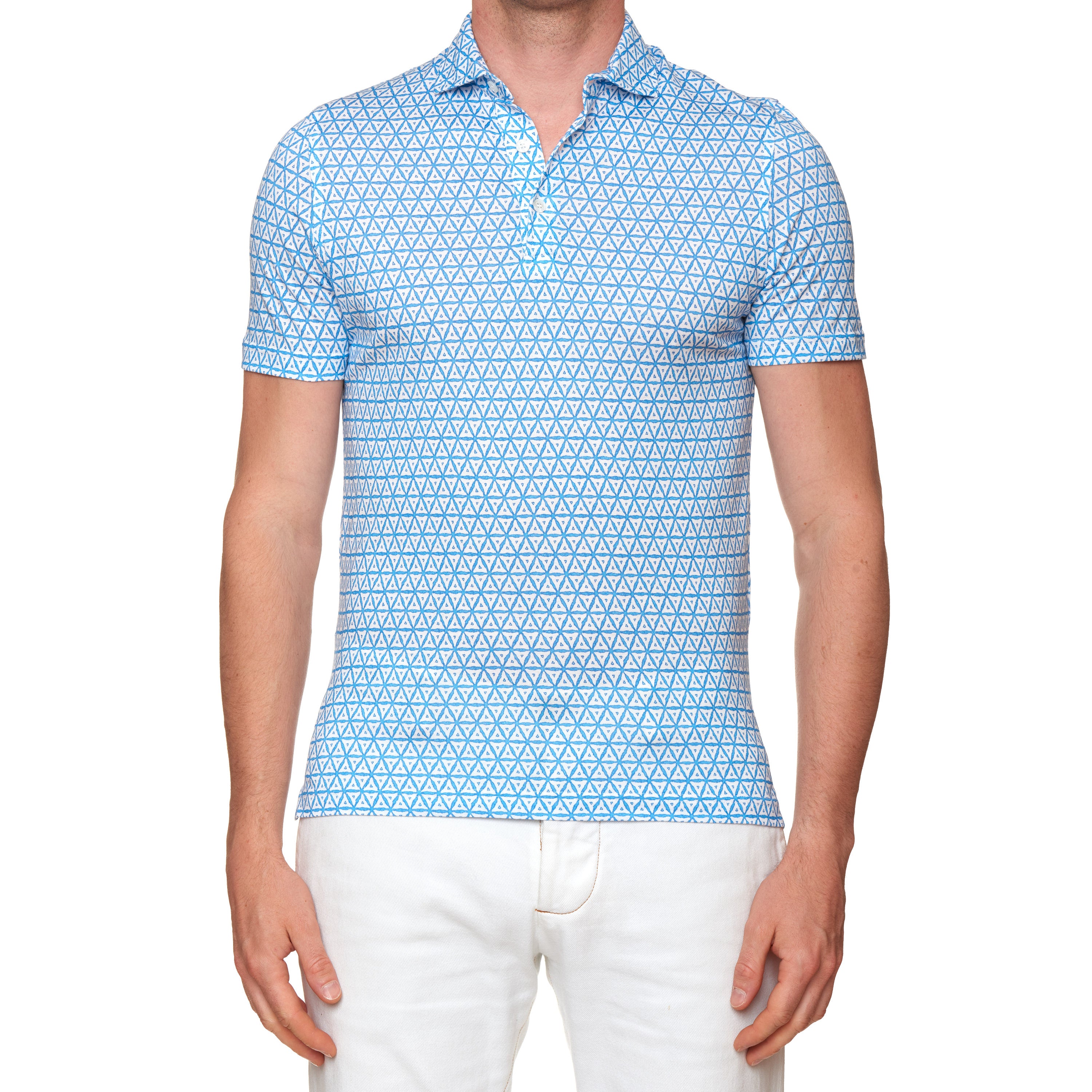 FEDELI "Zero" White-Blue Triangle Cotton Jersey Supima Polo Shirt NEW Slim Fit FEDELI