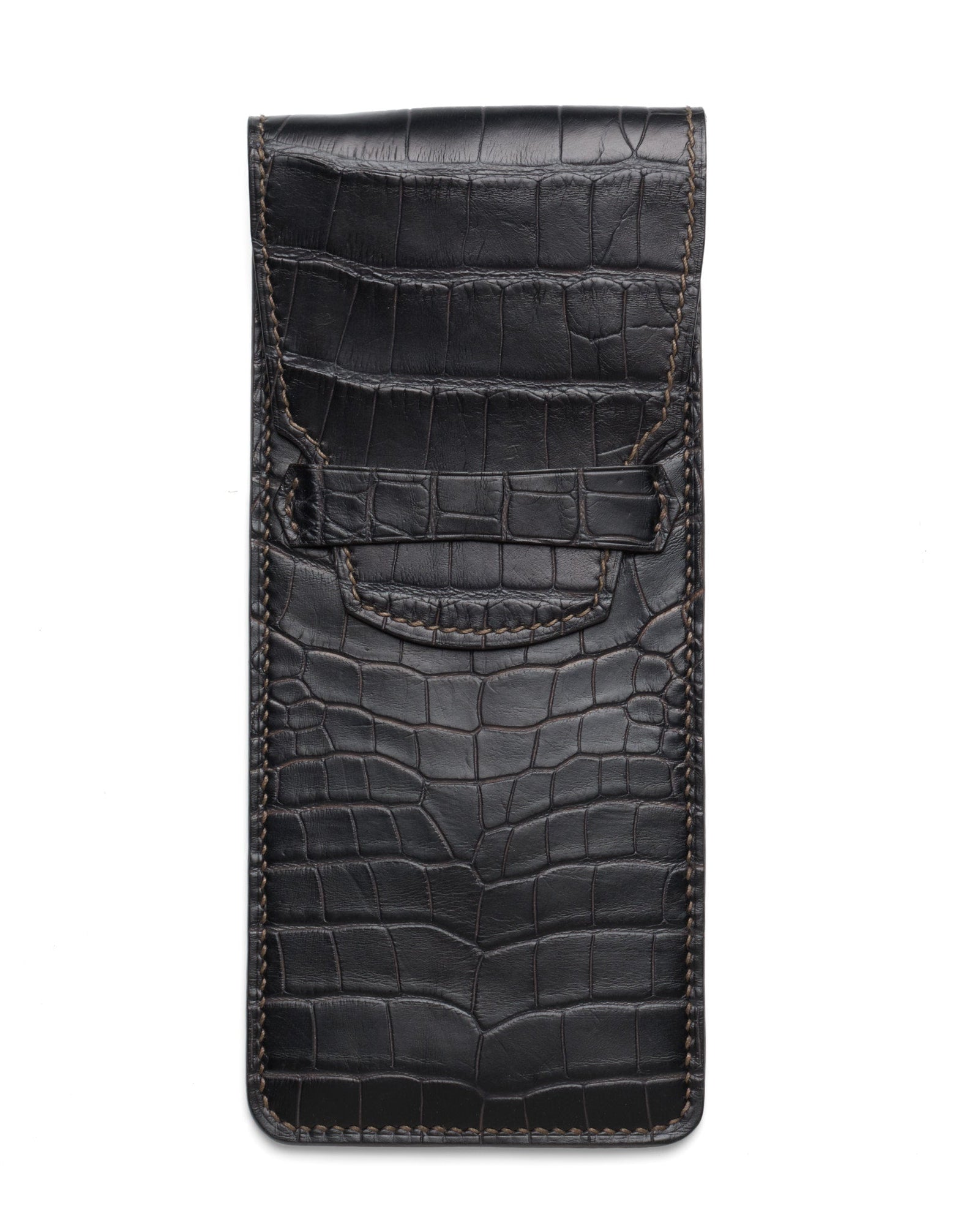 HUGHES HANDCRAFTED Black Alligator Leather Flap Eyeglass Case Holder NEW HUGHES HANDCRAFTED