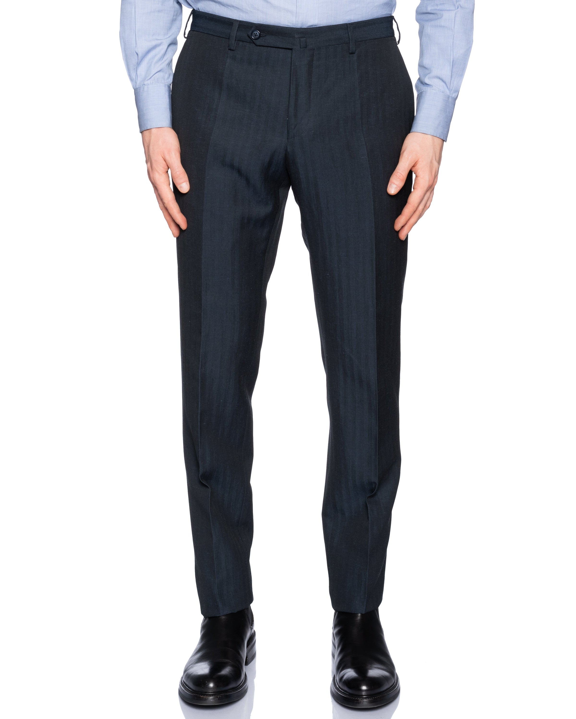 INCOTEX (Slowear) Dark Blue Herringbone Wool-Linen Flat Front Pants NEW Slim Fit INCOTEX