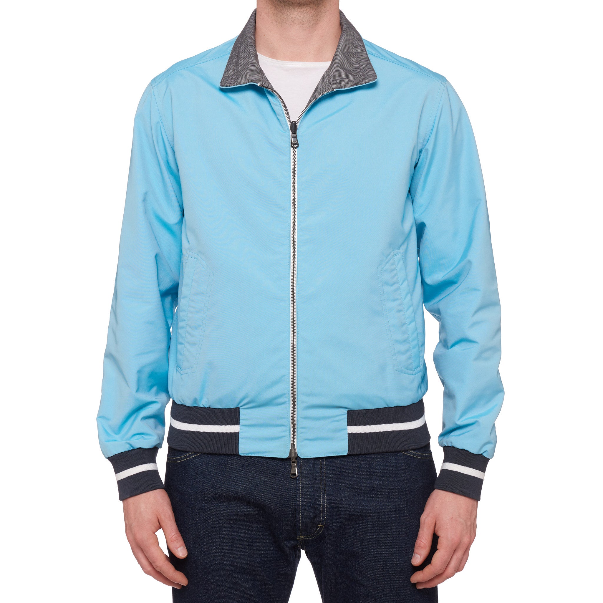 ISAIA Azure Blue Gray Plaid Poly Aqua Canvas Reversible Jacket EU 52 NEW US L ISAIA