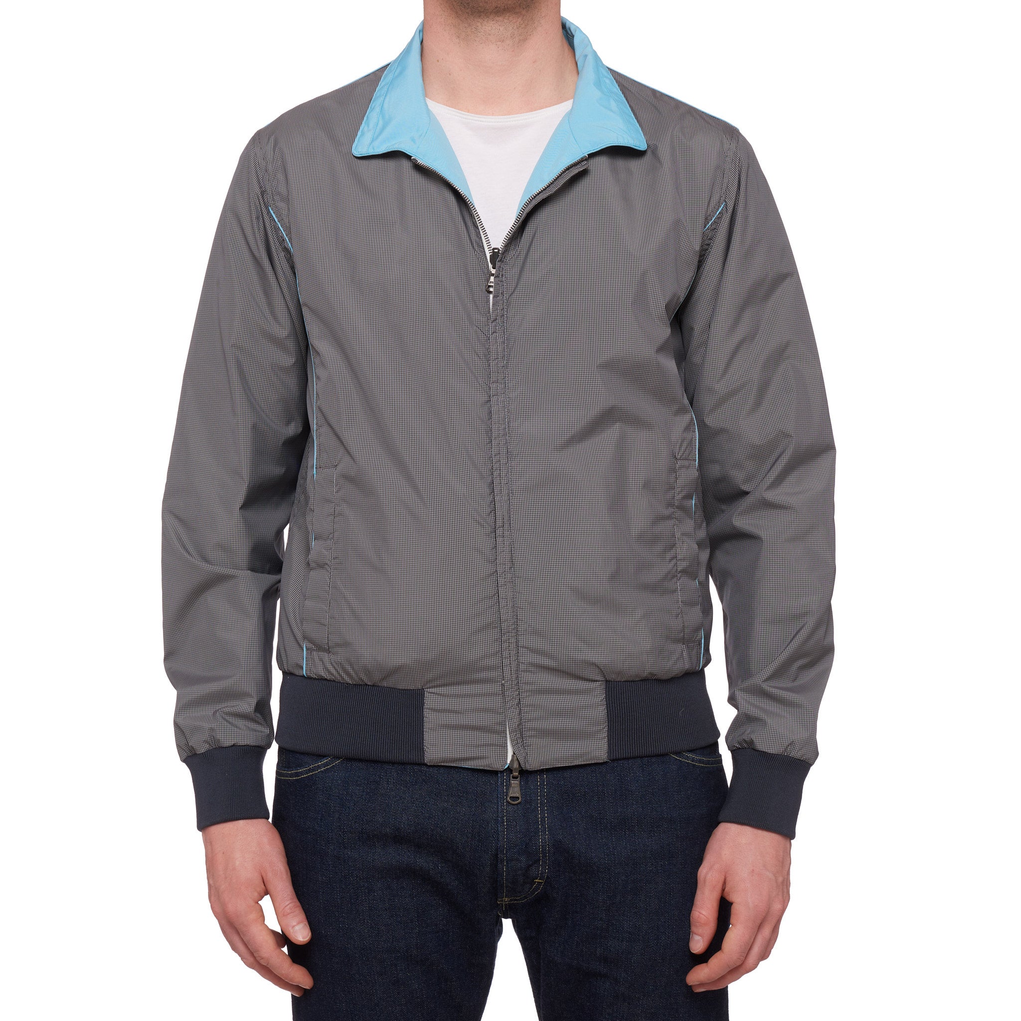 ISAIA Azure Blue Gray Plaid Poly Aqua Canvas Reversible Jacket EU 52 NEW US L ISAIA