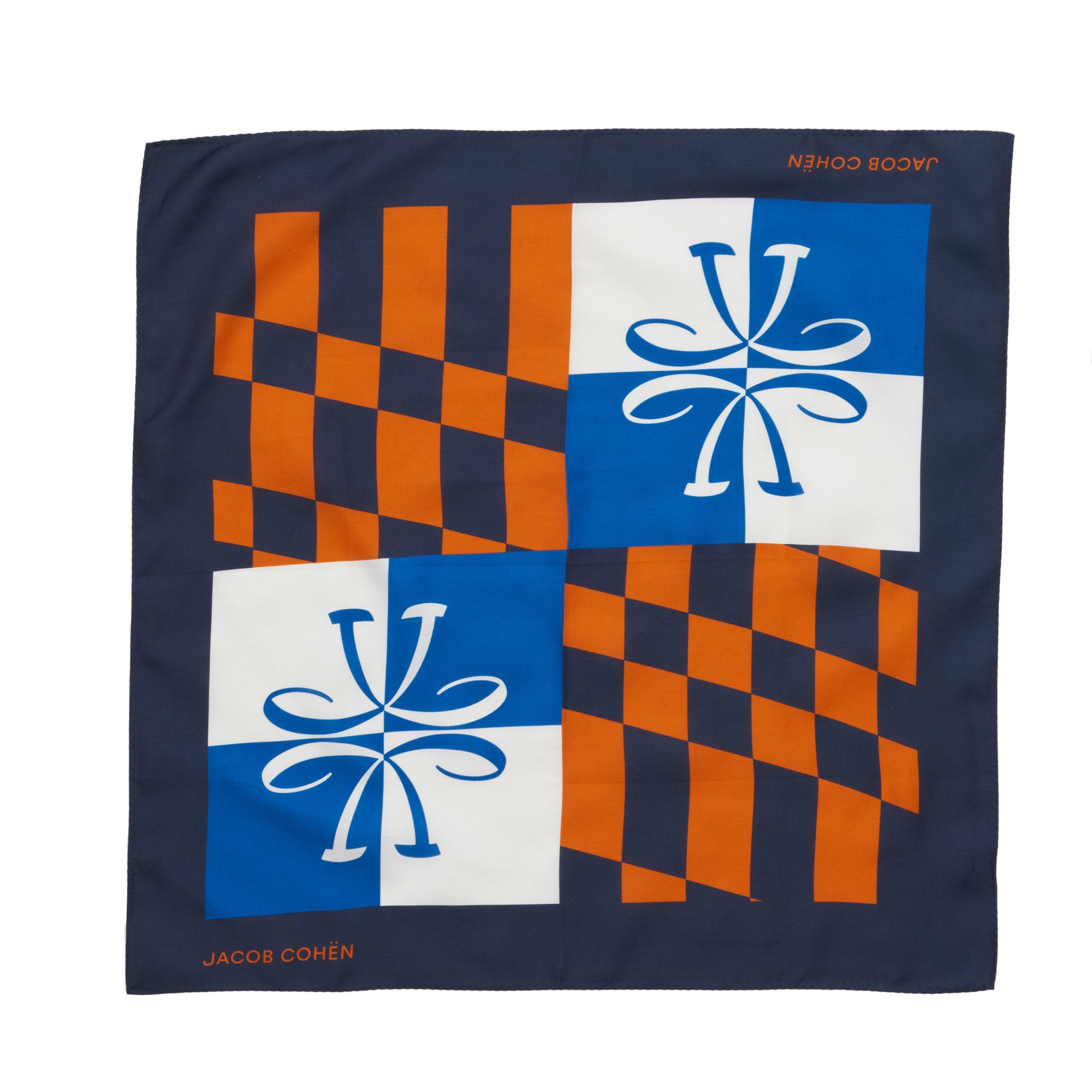 JACOB COHEN Blue-White JC Monogram Orange Plaid Silk-Cotton Pocket Square NEW JACOB COHEN
