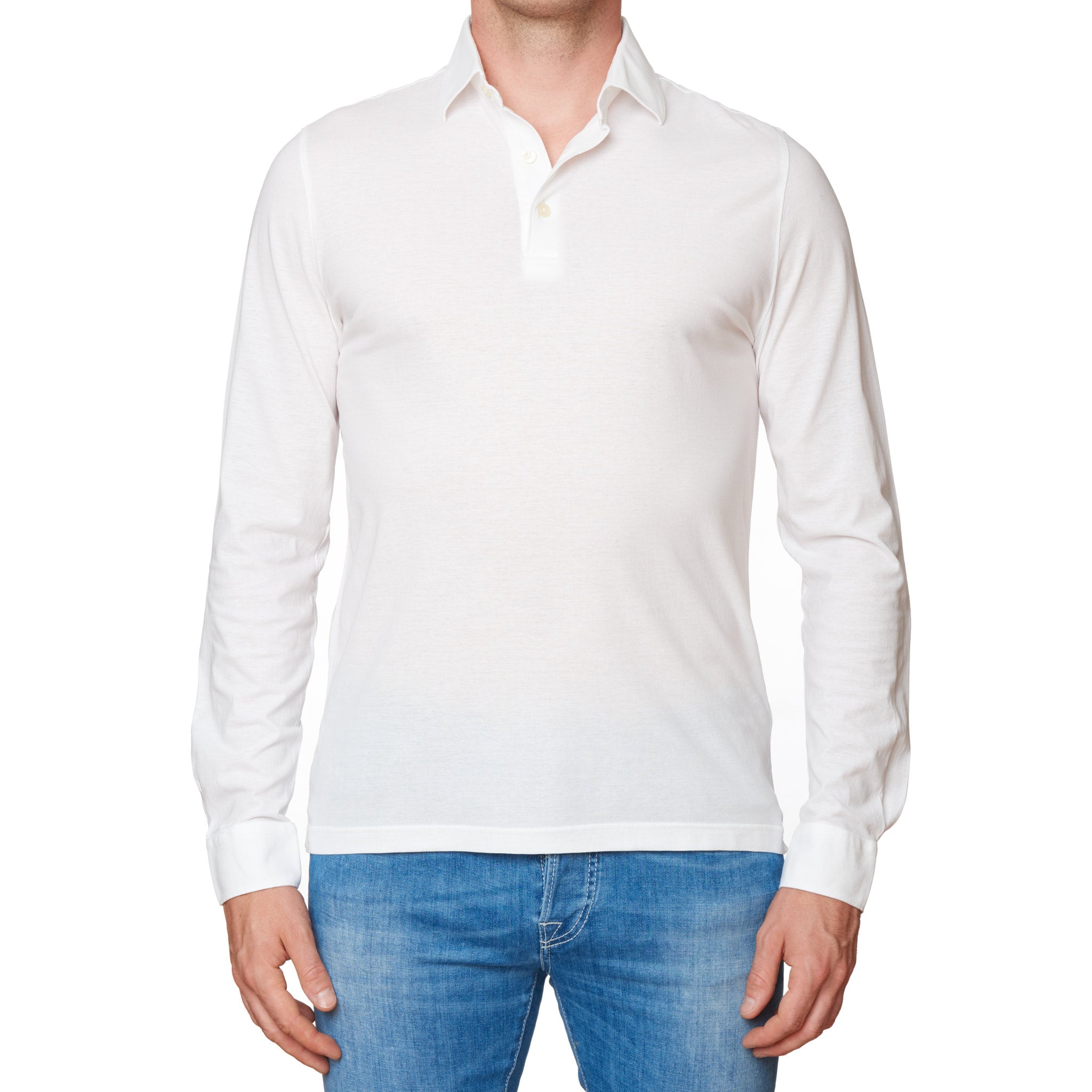 Kiton KIRED "PositanoML" White Exclusive Crepe Cotton Long Sleeve Polo Shirt KIRED
