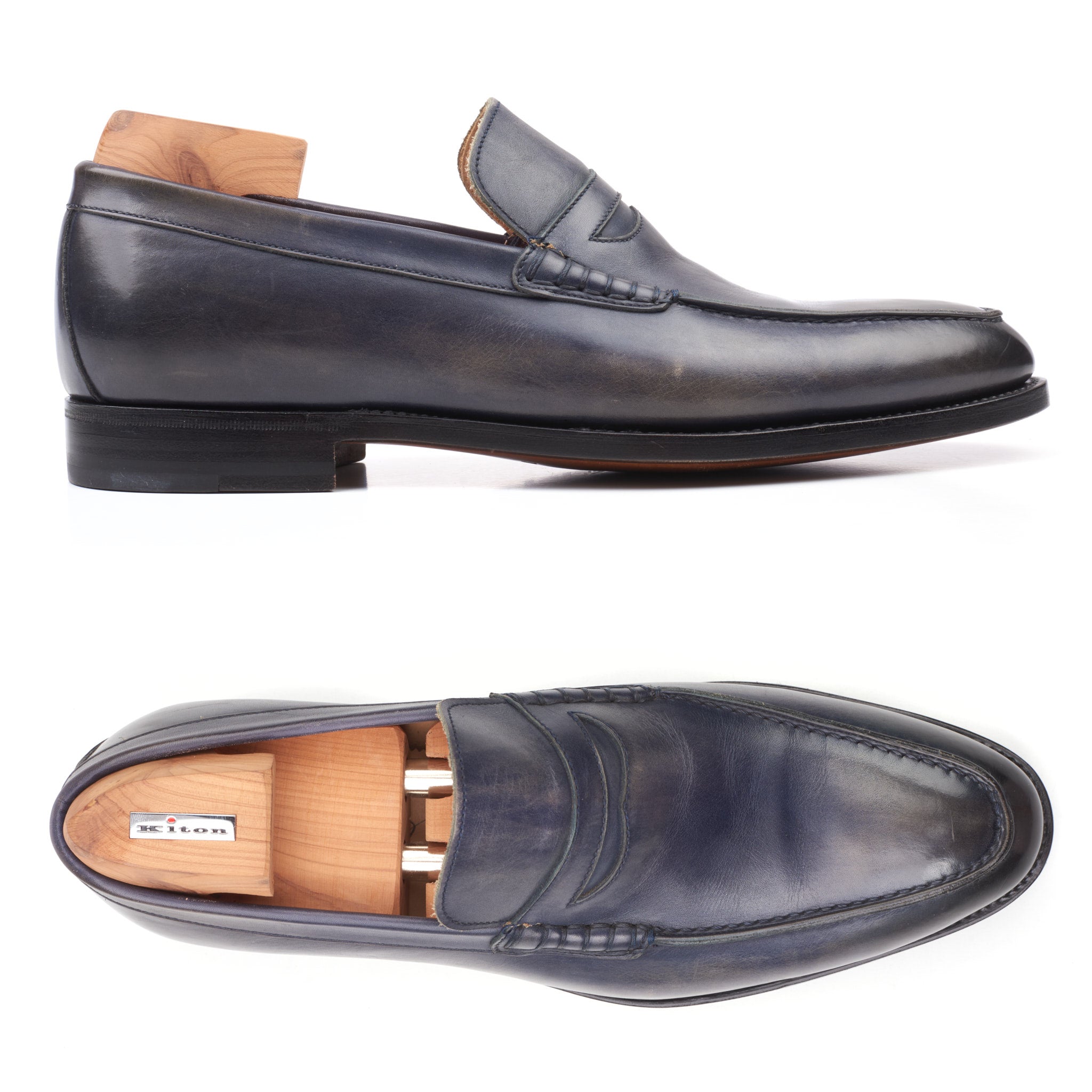 KITON Handmade Custom-Made Blue Leather Penny Loafer Shoes US 7 Masterpiece KITON