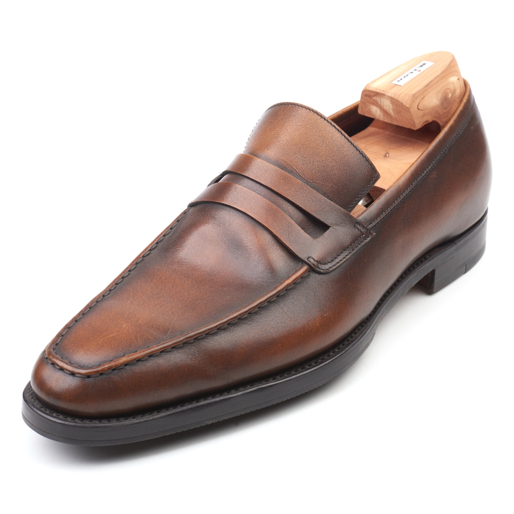 KITON Handmade Brown Leather Penny Loafer Shoes US 8 NEW with Box KITON