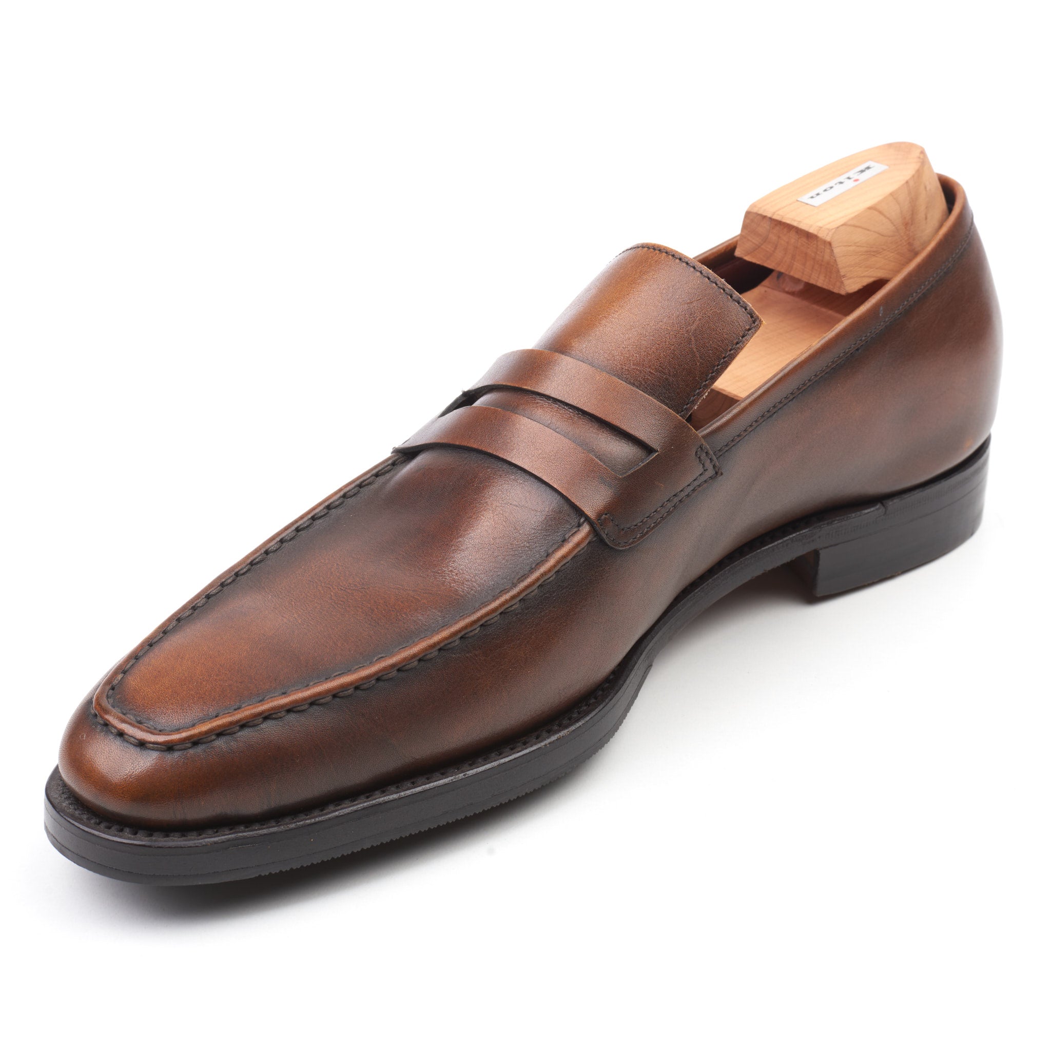 KITON Handmade Brown Leather Penny Loafer Shoes US 8 NEW with Box KITON