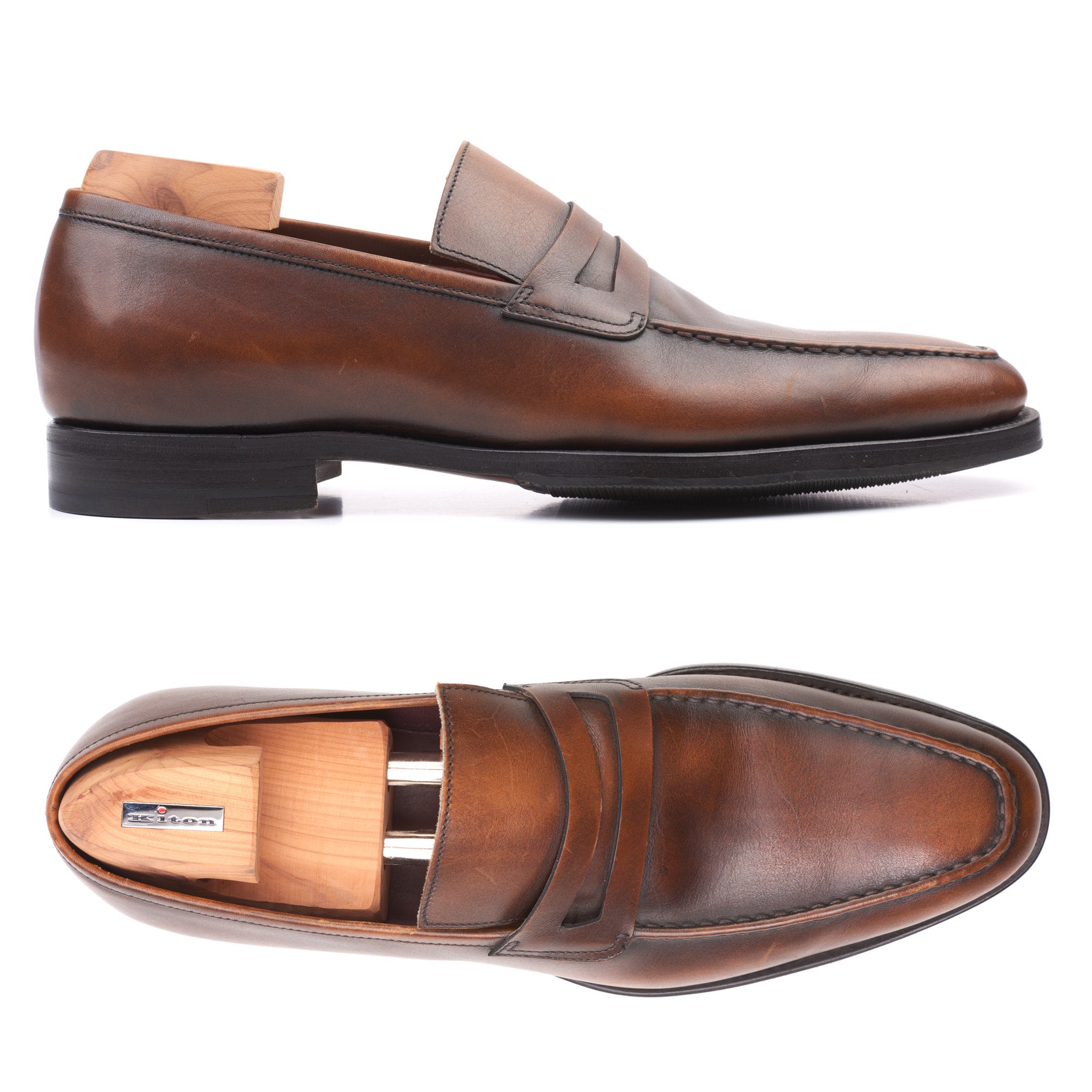 KITON Handmade Brown Leather Penny Loafer Shoes US 8 NEW with Box KITON