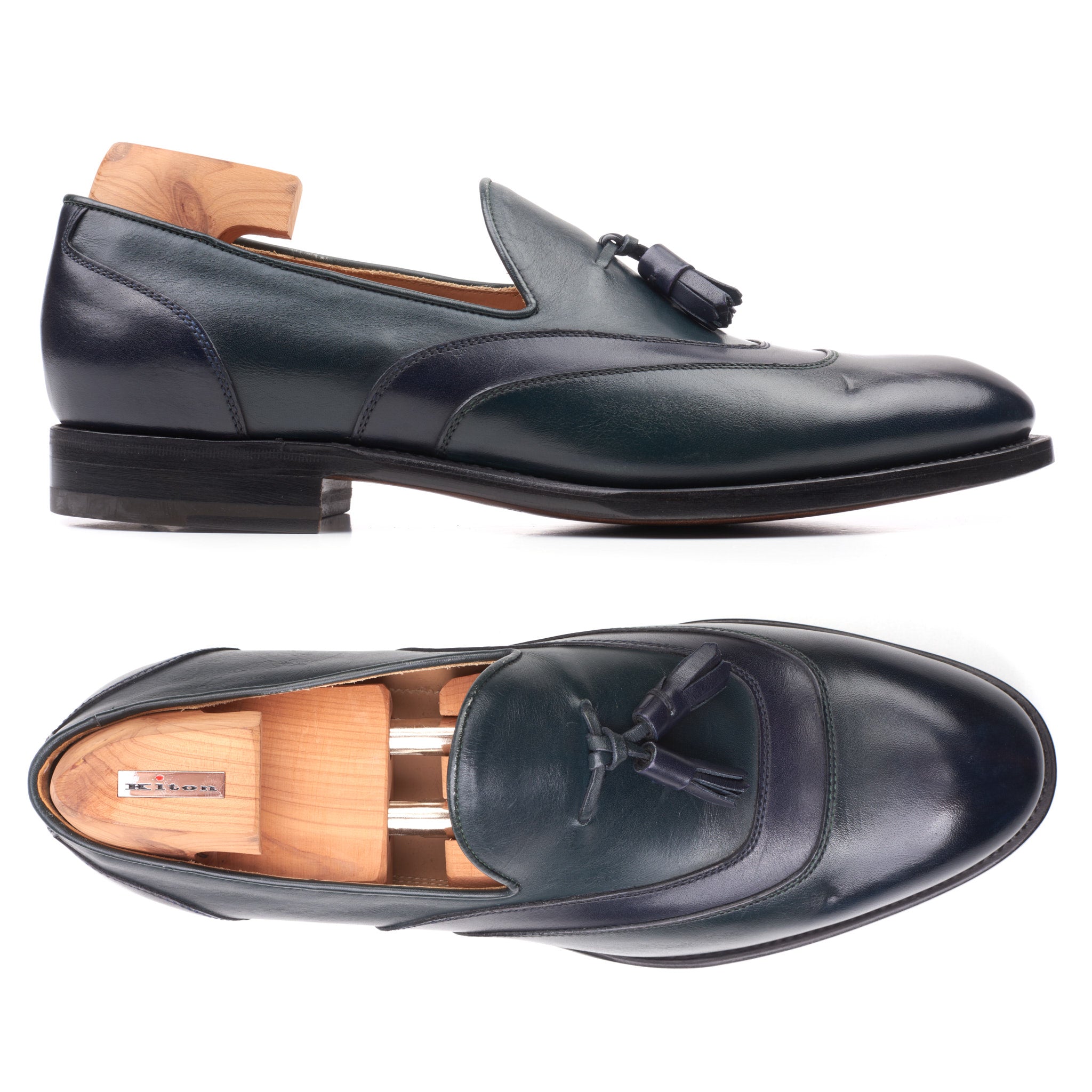 KITON Napoli Handmade Green-Blue Leather Tassel Loafer Shoes US 9 NEW with Box KITON