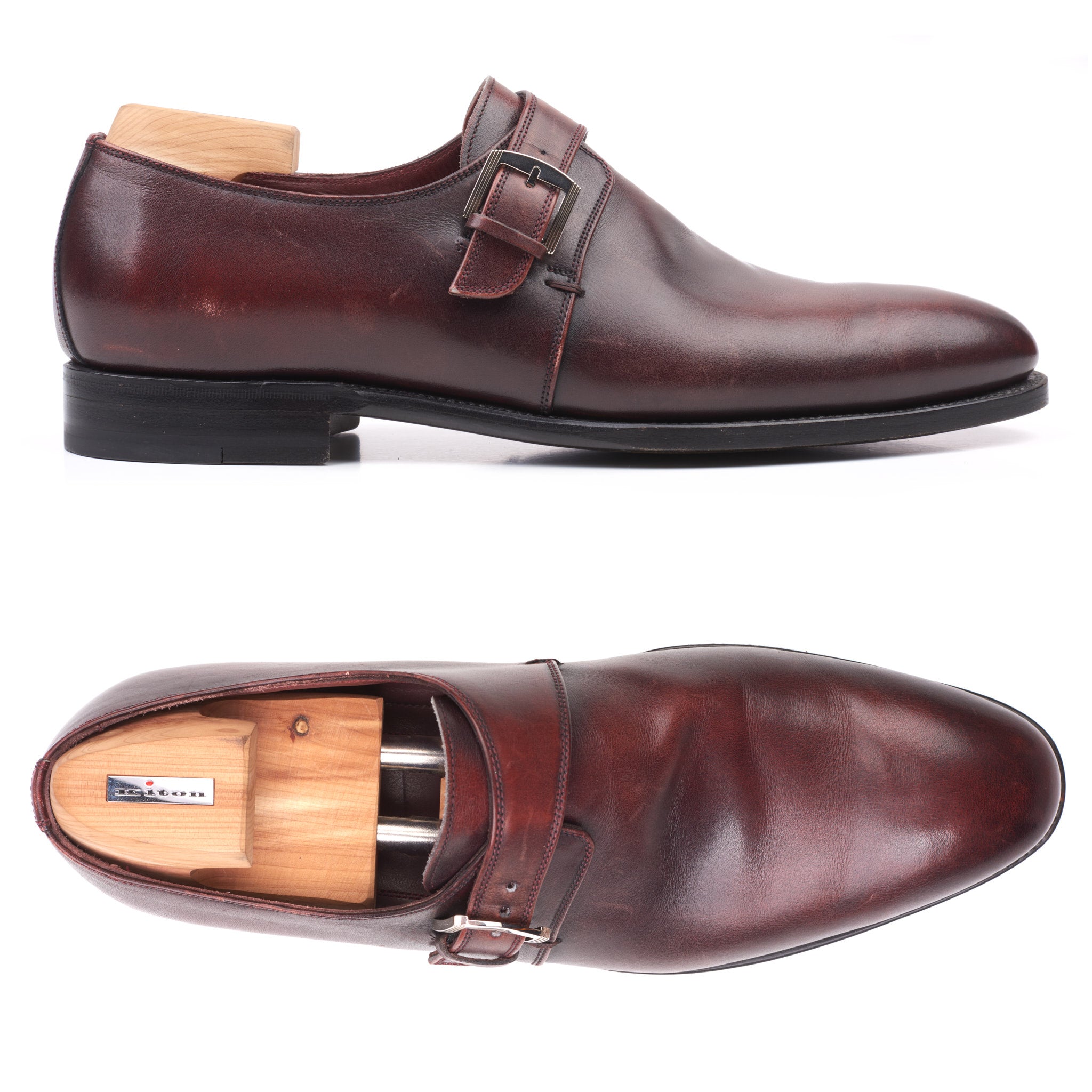 KITON Handmade Oxblood Calfskin Leather Single Monk Dress Shoes US 9 Box KITON