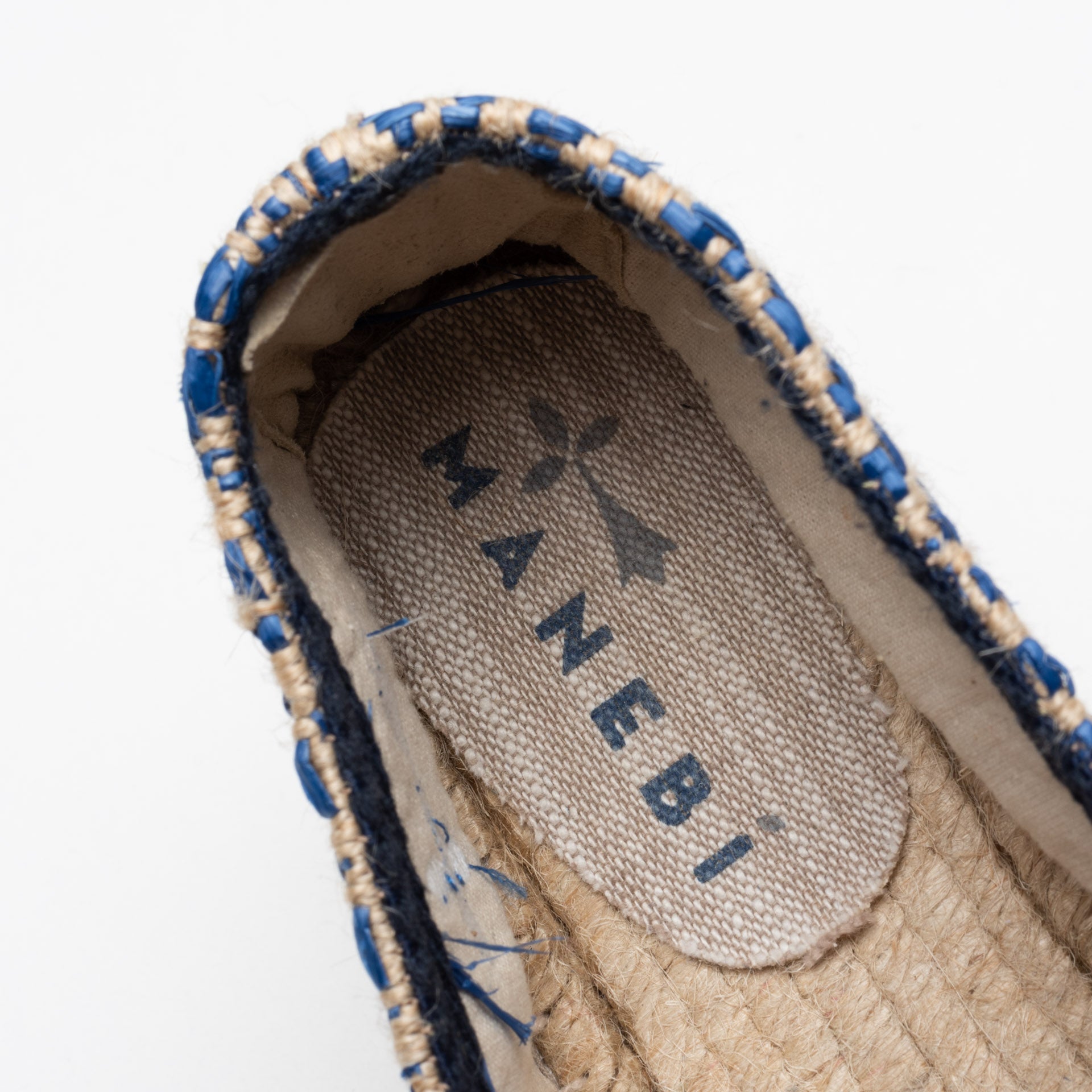MANEBI "Hamptons" Espadrilles Beige-Blue Canvas Women's Loafer Shoes 37 NEW US 7 MANEBI