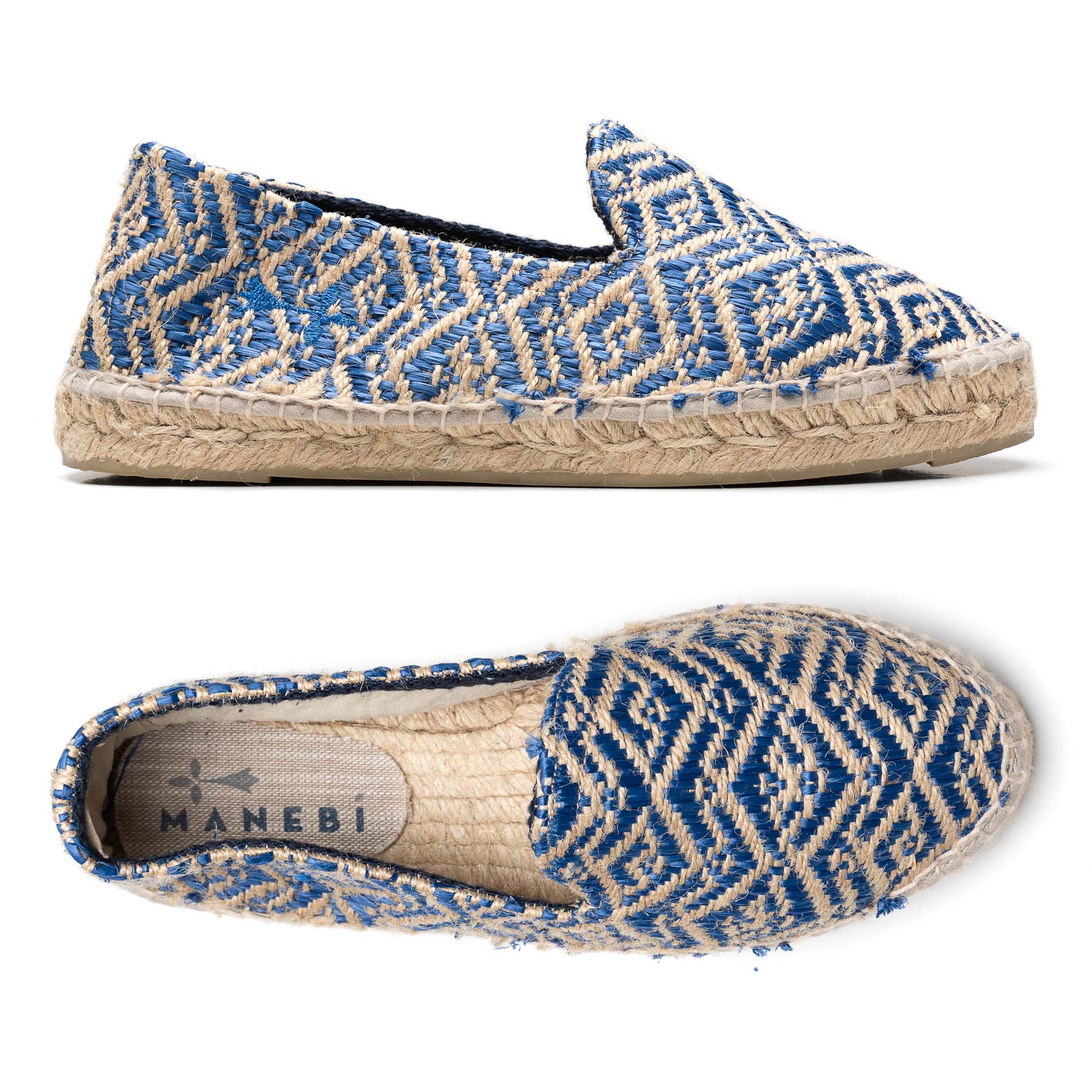 MANEBI "Hamptons" Espadrilles Beige-Blue Canvas Women's Loafer Shoes 37 NEW US 7 MANEBI