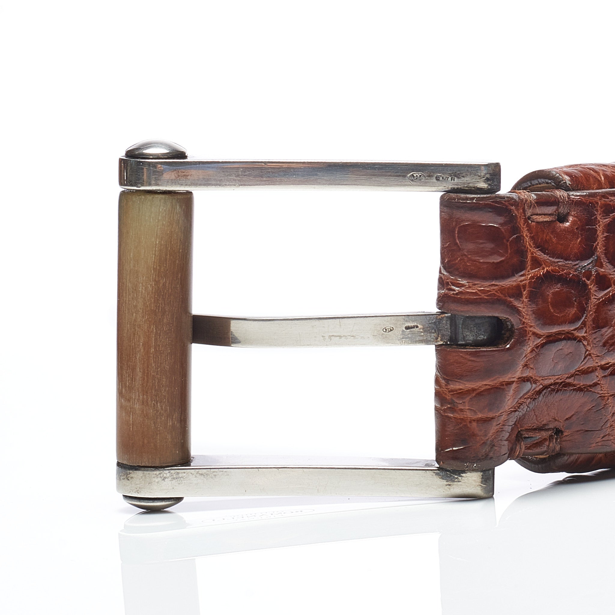 ROMANELLI Firenze Brown Crocodile Leather Silver-Horn Buckle Belt 90cm 35" ROMANELLI