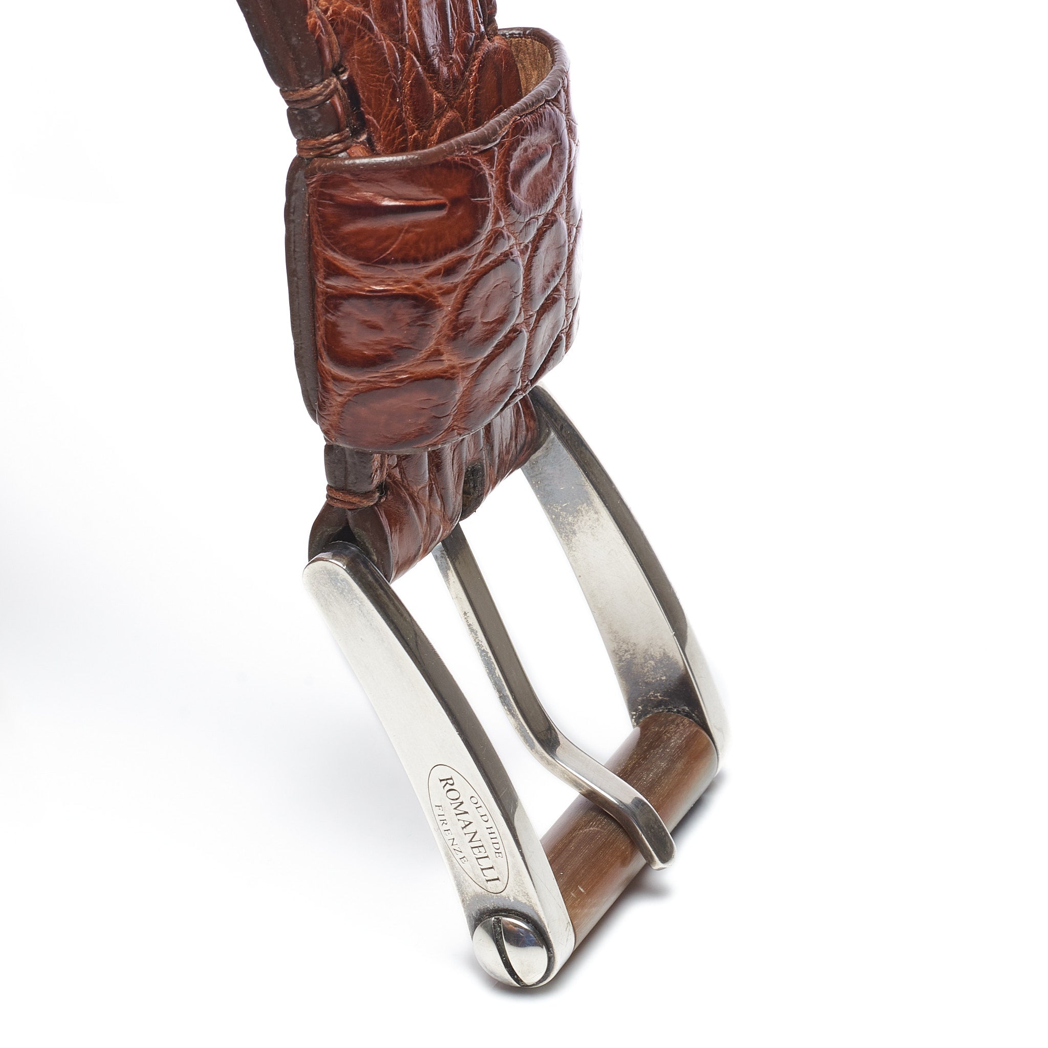 ROMANELLI Firenze Brown Crocodile Leather Silver-Horn Buckle Belt 90cm 35" ROMANELLI