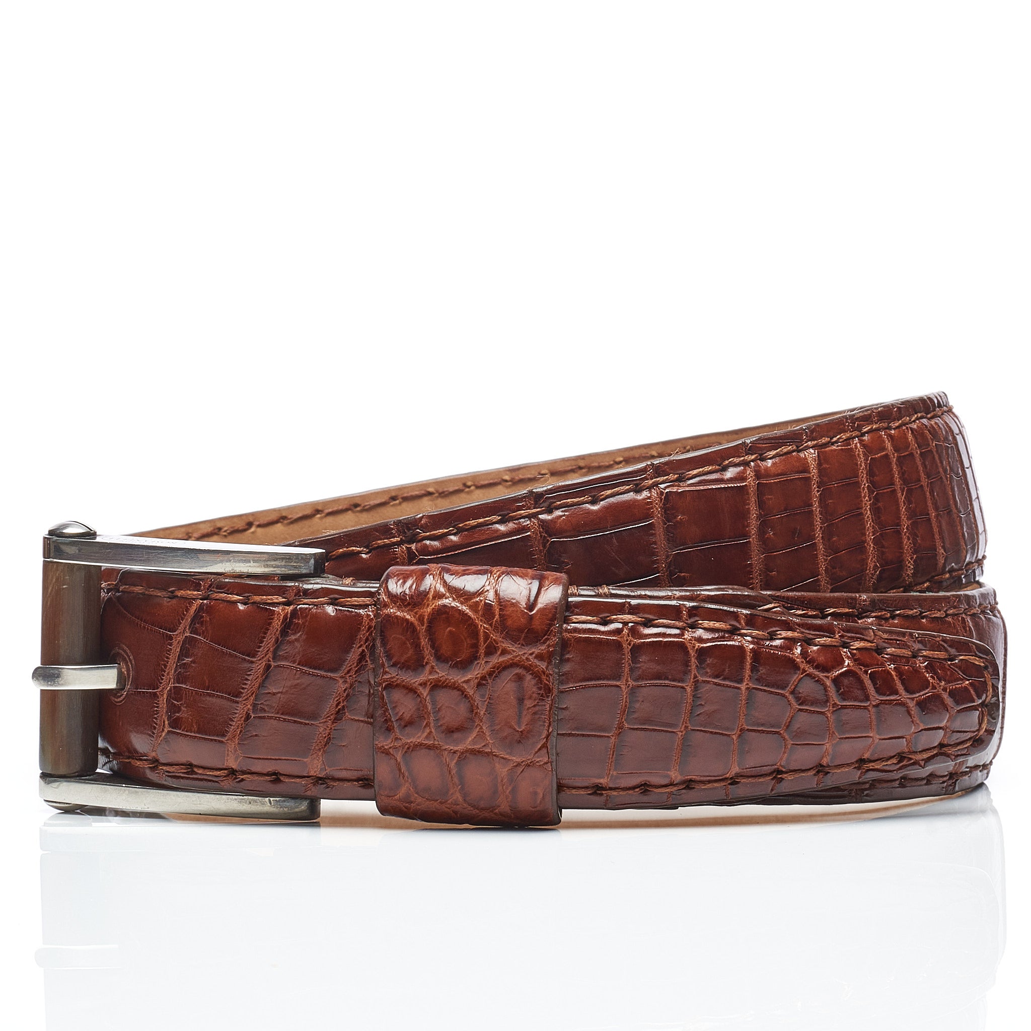 ROMANELLI Firenze Brown Crocodile Leather Silver-Horn Buckle Belt 90cm 35" ROMANELLI