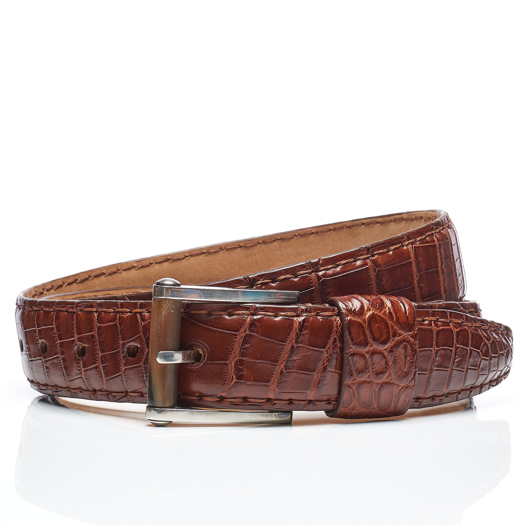 ROMANELLI Firenze Brown Crocodile Leather Silver-Horn Buckle Belt 90cm 35" ROMANELLI