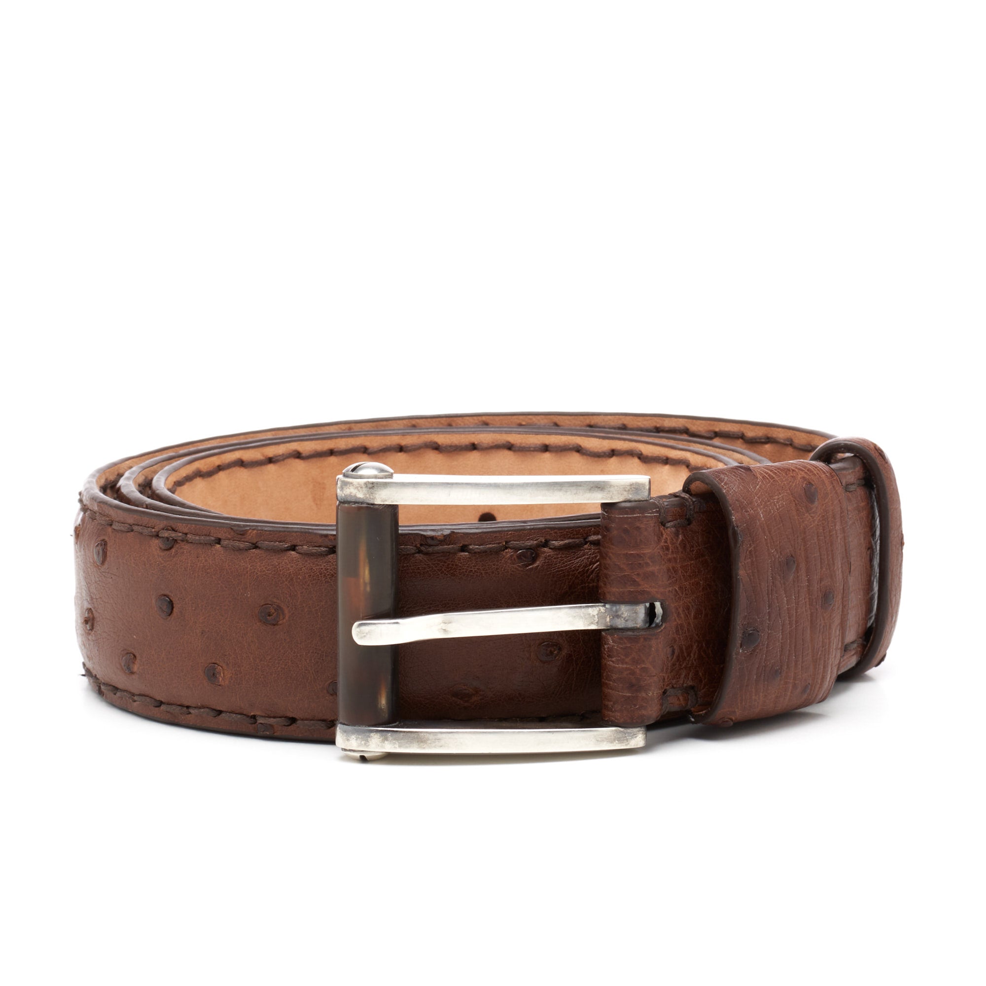 ROMANELLI Firenze Brown Ostrich Silver-Horn Buckle Belt NEW 85cm 34" ROMANELLI