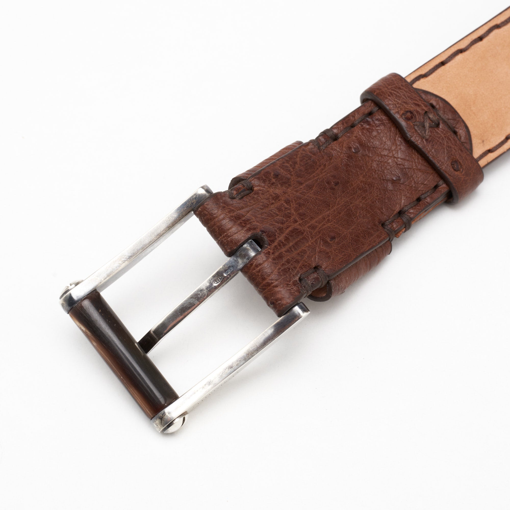 ROMANELLI Firenze Brown Ostrich Silver-Horn Buckle Belt NEW 85cm 34" ROMANELLI
