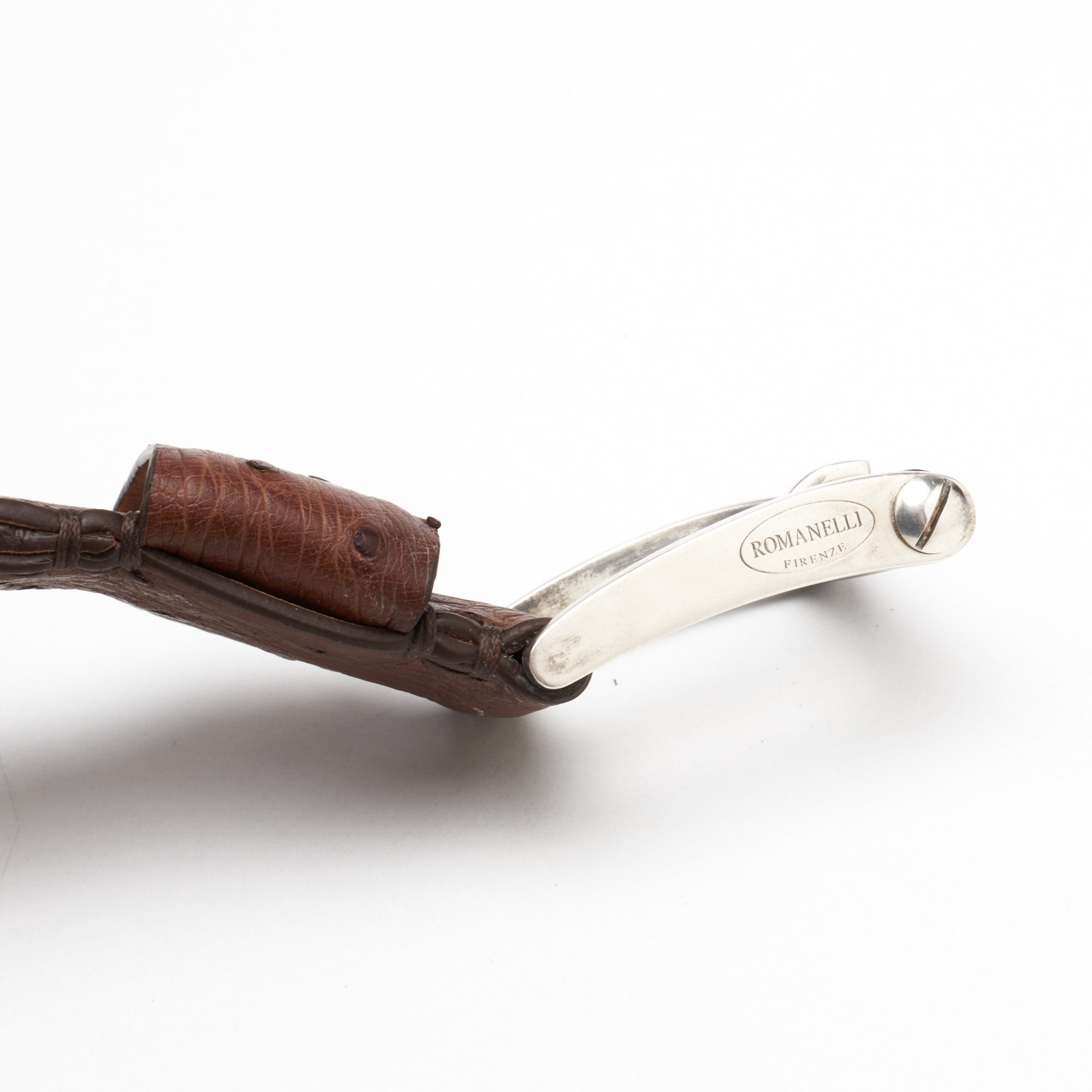 ROMANELLI Firenze Brown Ostrich Silver-Horn Buckle Belt NEW 85cm 34" ROMANELLI