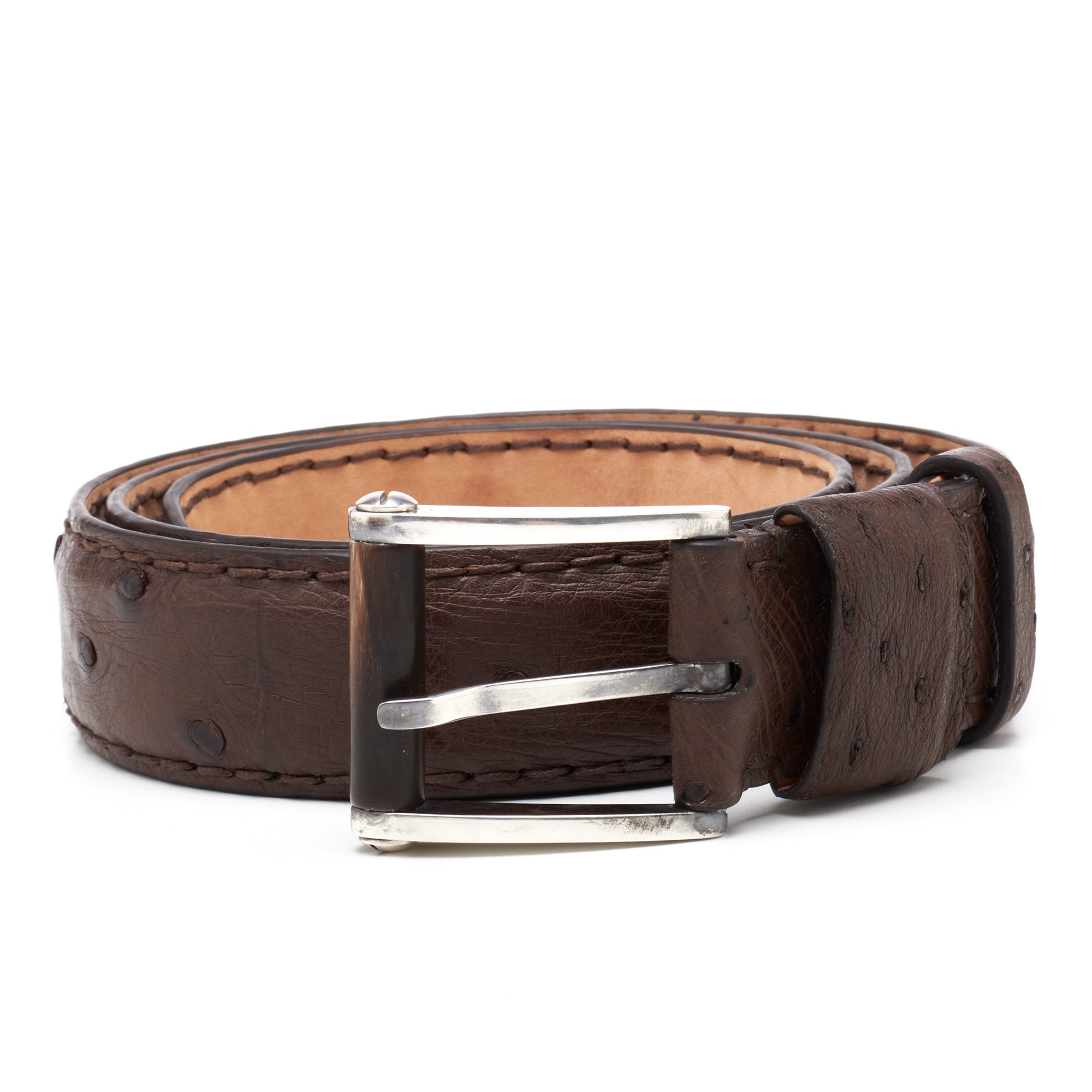 ROMANELLI Firenze Dark Brown Ostrich Silver-Horn Buckle Belt NEW 85cm 34" ROMANELLI