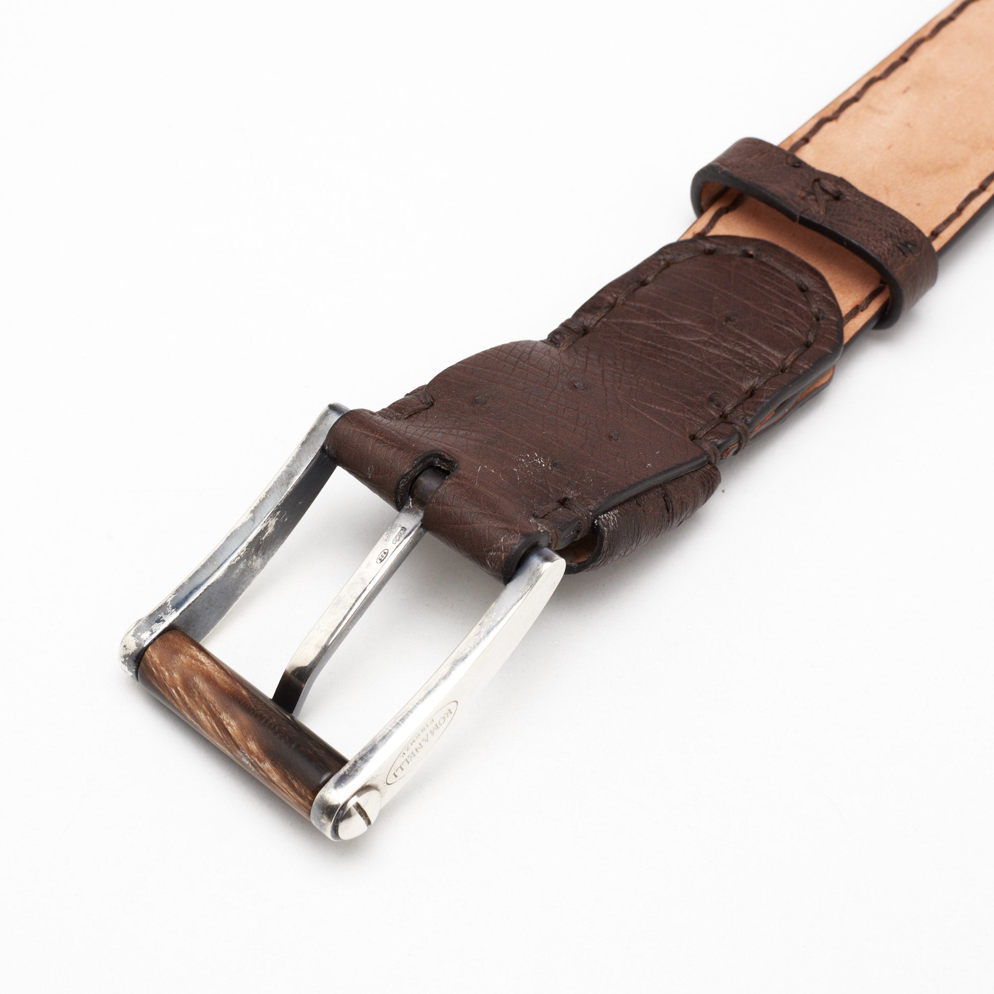 ROMANELLI Firenze Dark Brown Ostrich Silver-Horn Buckle Belt NEW 85cm 34" ROMANELLI