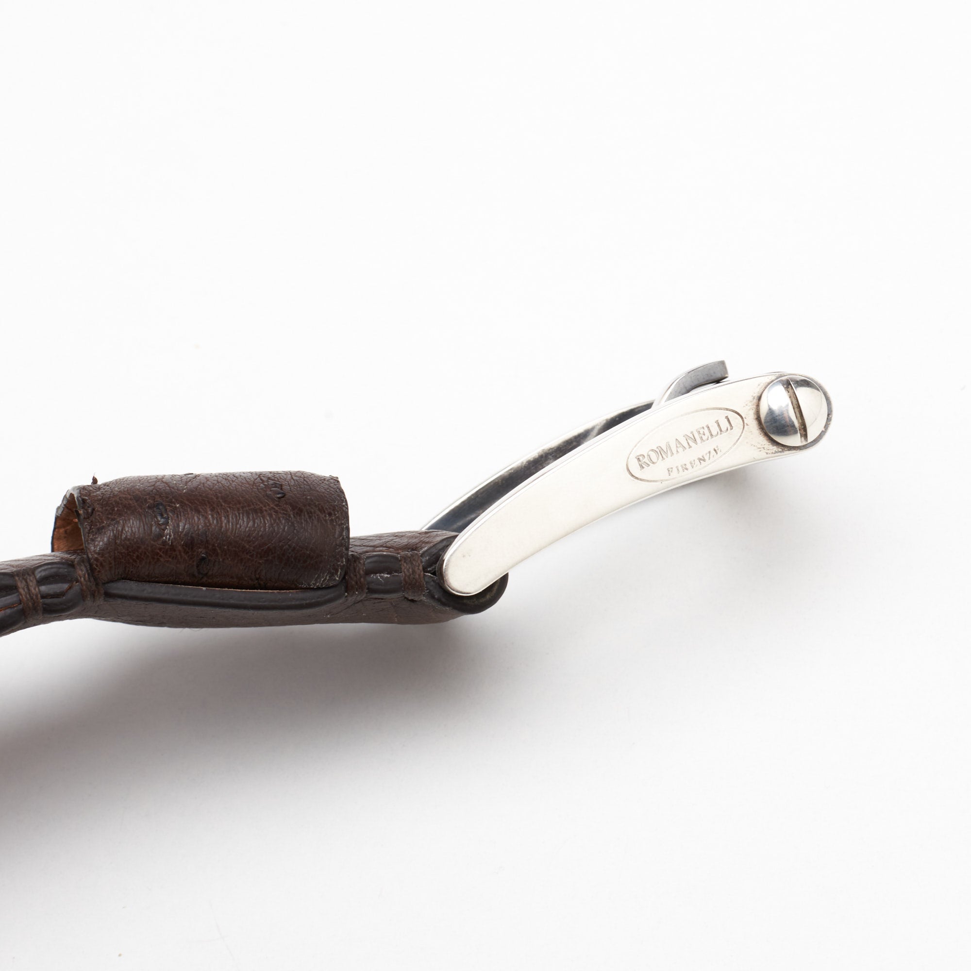 ROMANELLI Firenze Dark Brown Ostrich Silver-Horn Buckle Belt NEW 85cm 34" ROMANELLI