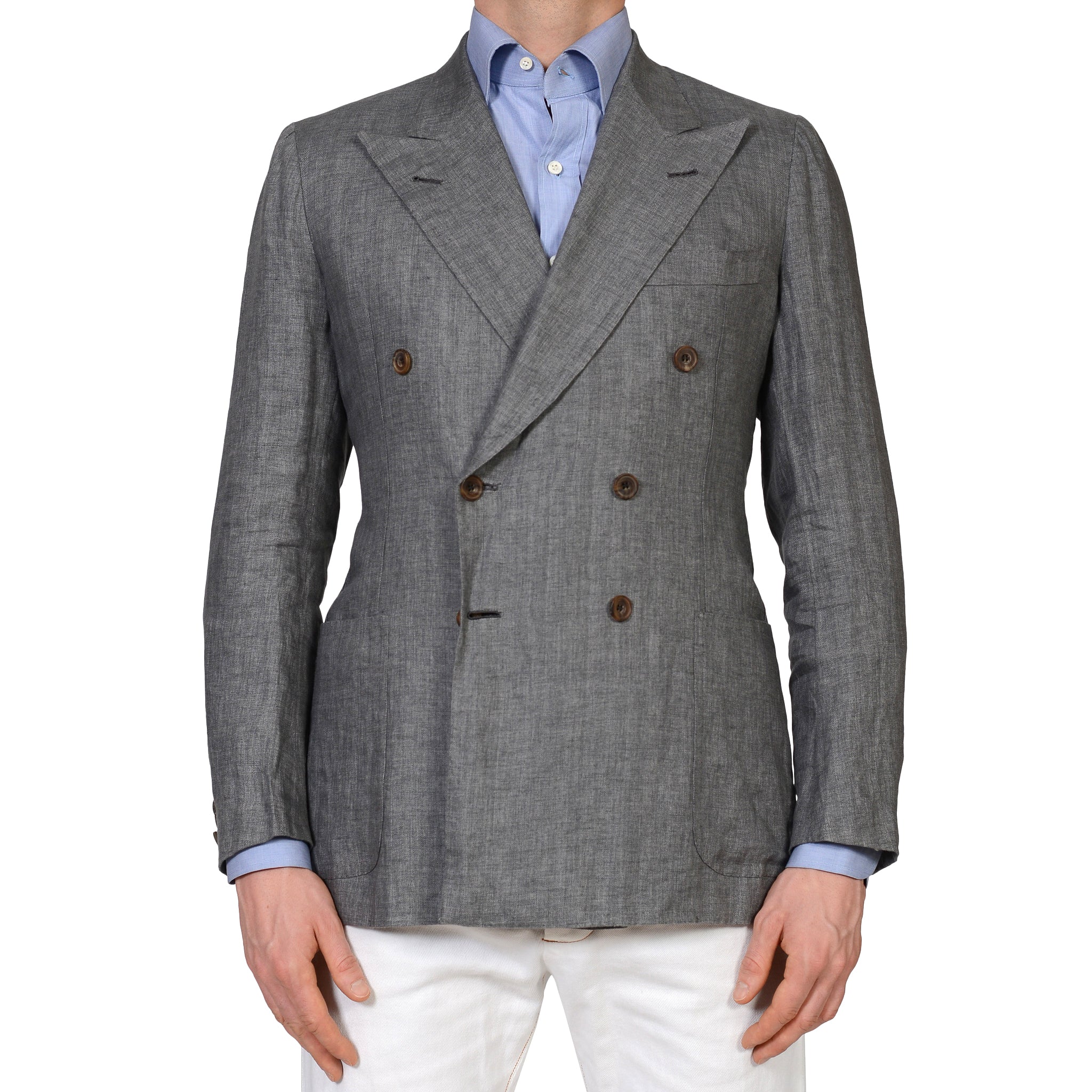 RUBINACCI Bespoke Gray Herringbone Linen Silk DB Blazer Jacket EU 50 US 38 40 RUBINACCI