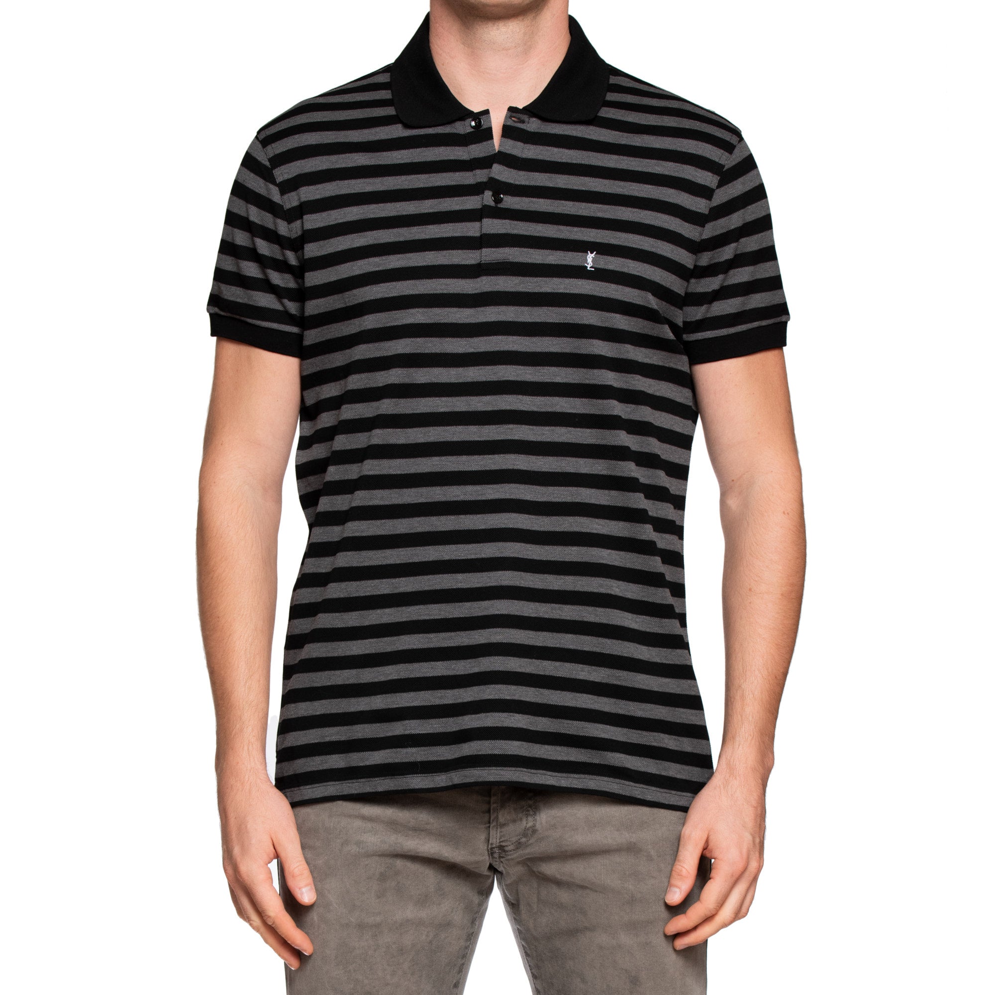 SAINT LAURENT PARIS Black-Gray Striped Pique Cotton Polo Shirt NEW XL