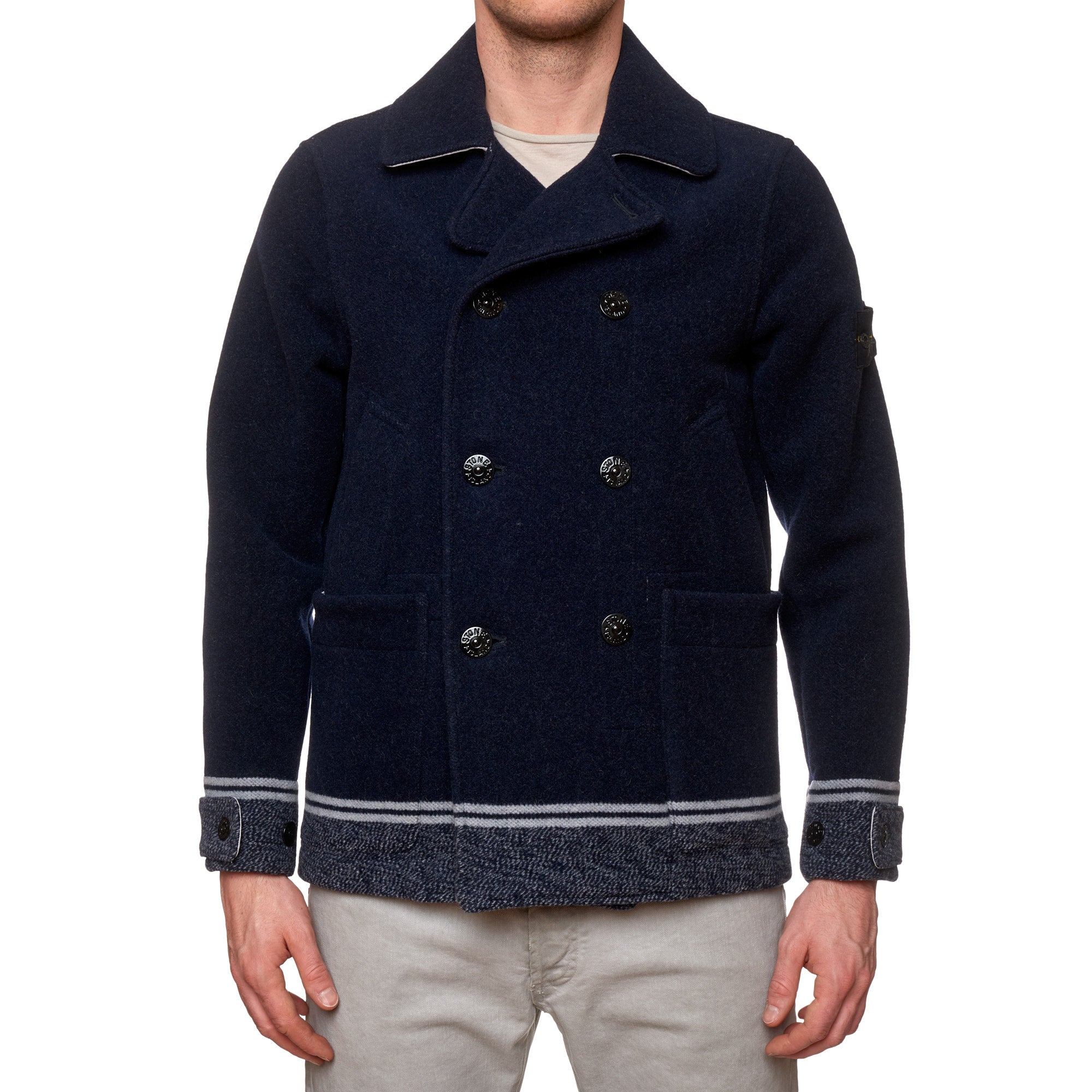 STONE ISLAND PANNO JACQUARD Navy Blue Wool Pea Coat NEW Logo Patch STONE ISLAND