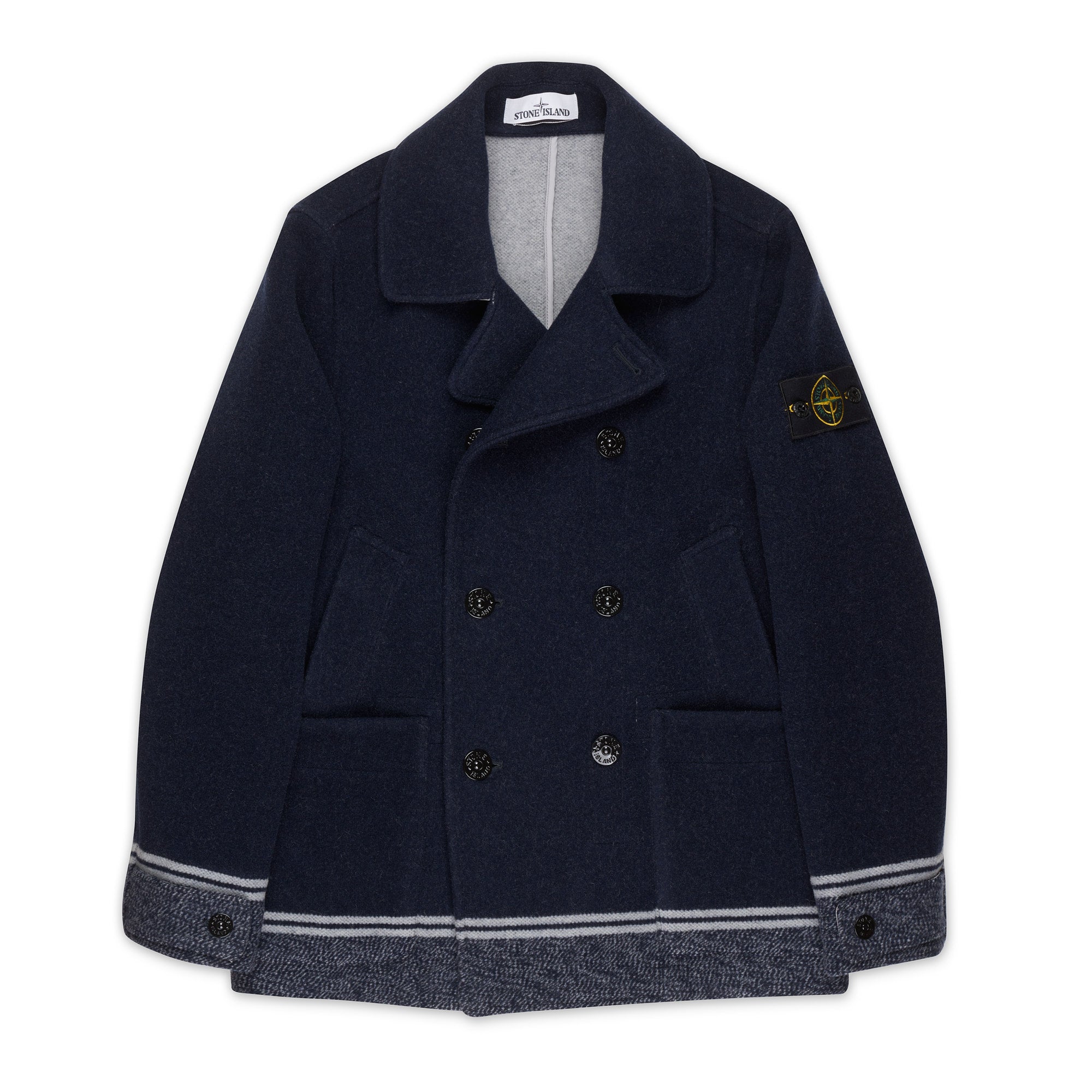 STONE ISLAND PANNO JACQUARD Navy Blue Wool Pea Coat NEW Logo Patch STONE ISLAND