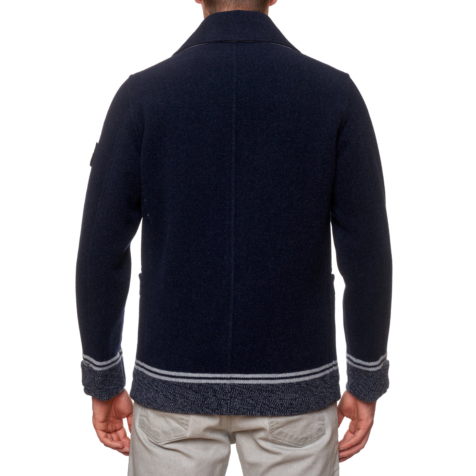 STONE ISLAND PANNO JACQUARD Navy Blue Wool Pea Coat NEW Logo Patch STONE ISLAND