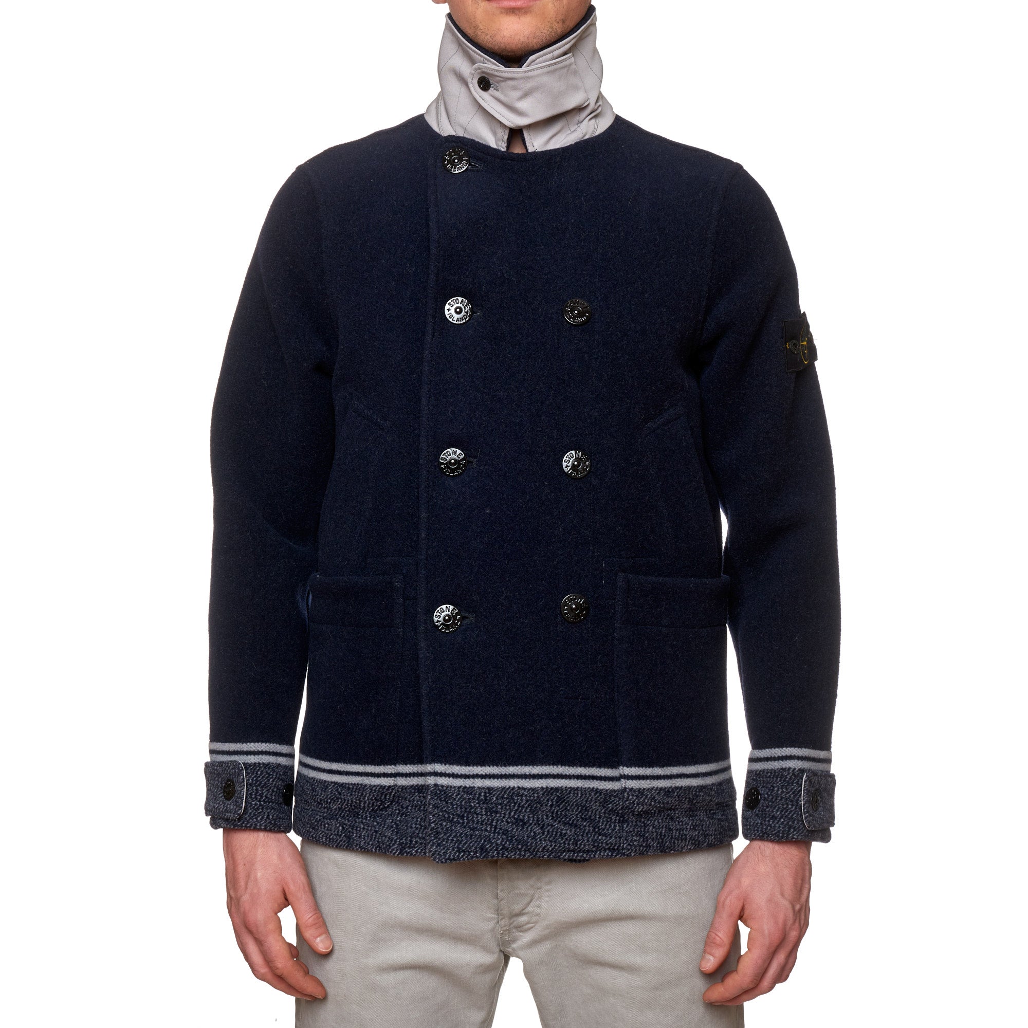 STONE ISLAND PANNO JACQUARD Navy Blue Wool Pea Coat NEW Logo Patch STONE ISLAND