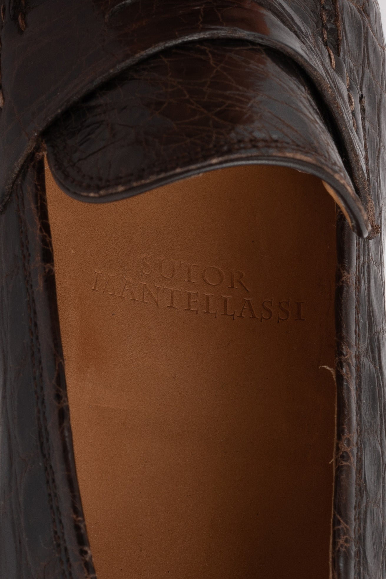 SUTOR MANTELLASSI Handmade Brown Crocodile Leather Penny Loafer Shoes EU 40 US 7 SUTOR MANTELLASSI