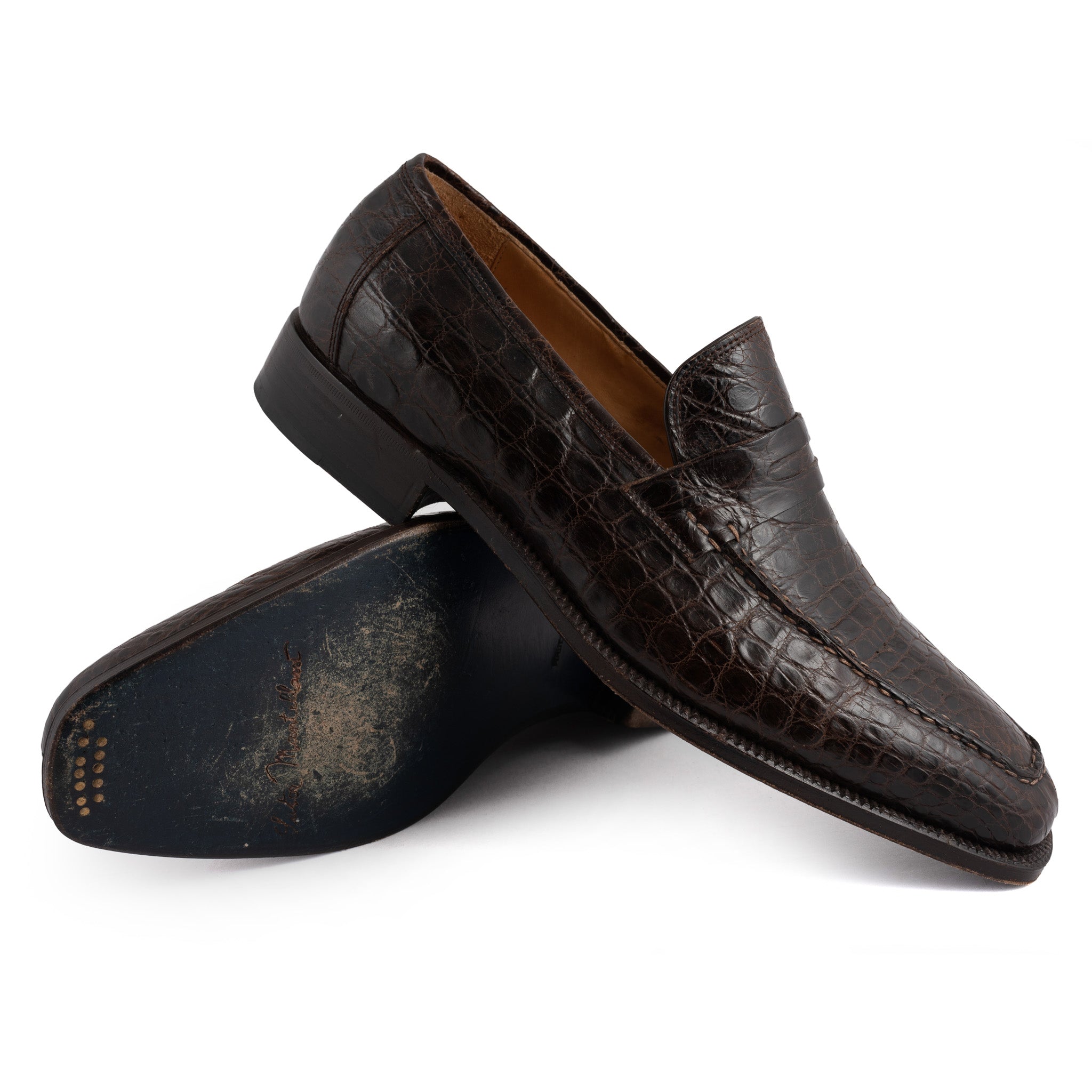 SUTOR MANTELLASSI Handmade Brown Crocodile Leather Penny Loafer Shoes EU 40 US 7 SUTOR MANTELLASSI