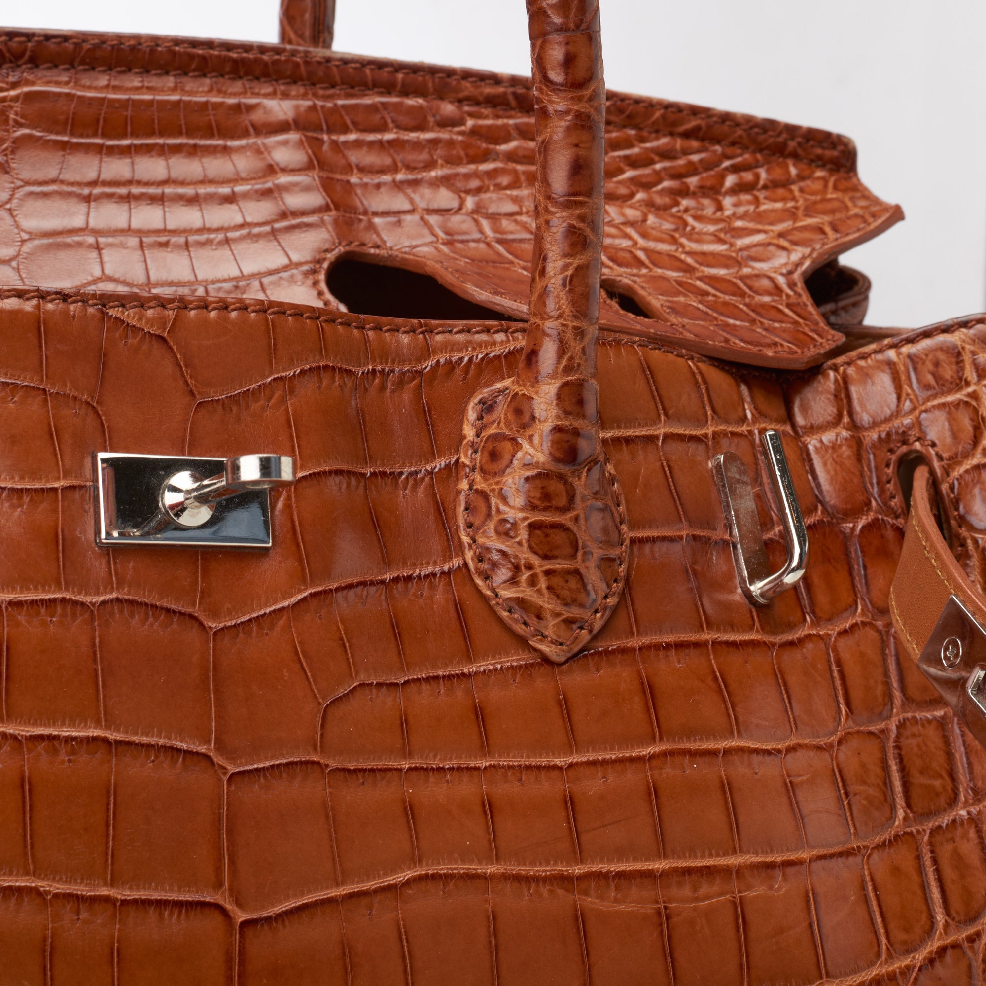 VIA LA MODA Cognac Genuine Nile Crocodile Leather Birkin 35 Style Handbag WOMEN'S BOUTIQUE