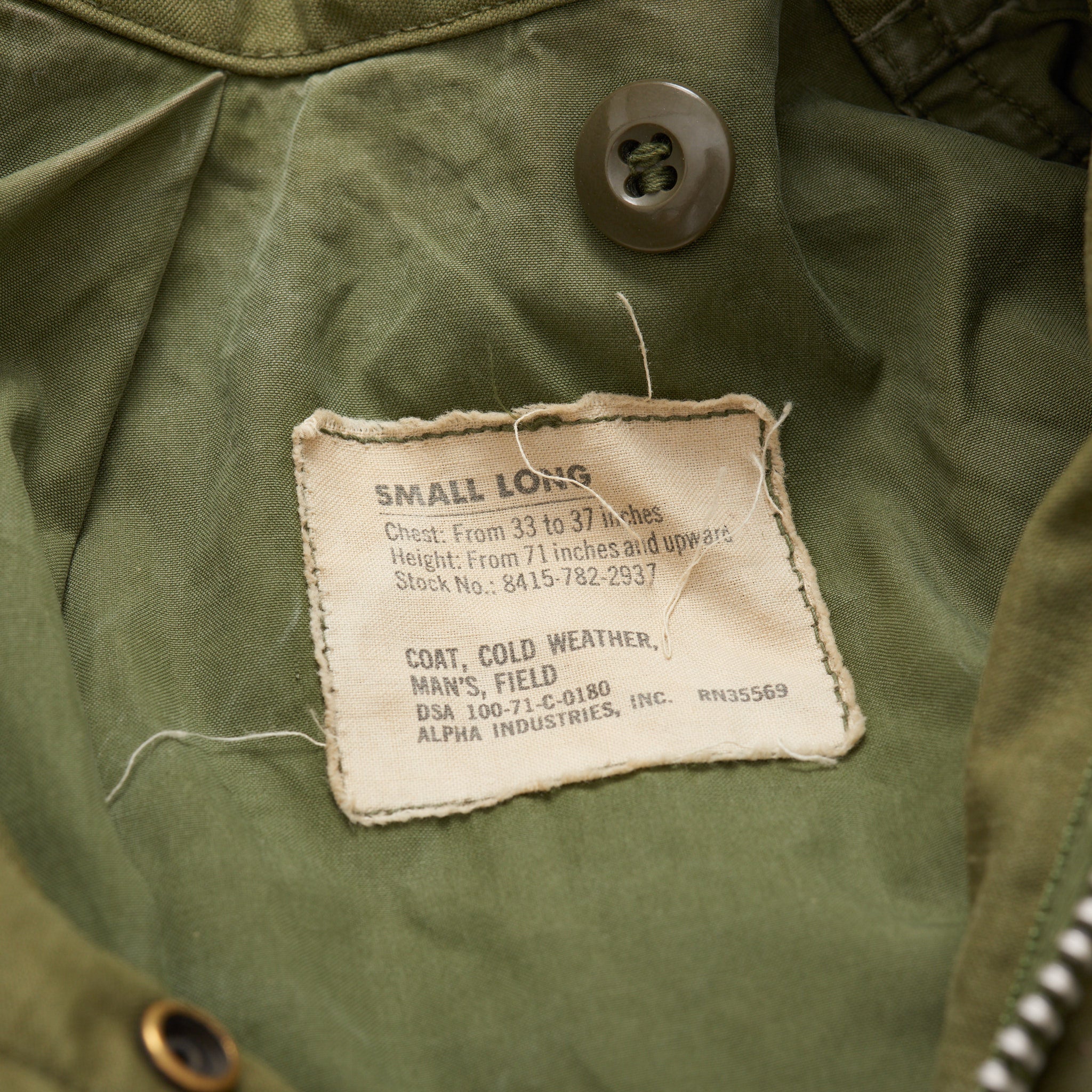 Vintage M-65 Olive Military Field Jacket S Long 1971 Aluminium Zipper Vietnam Er ALPHA INDUSTRIES