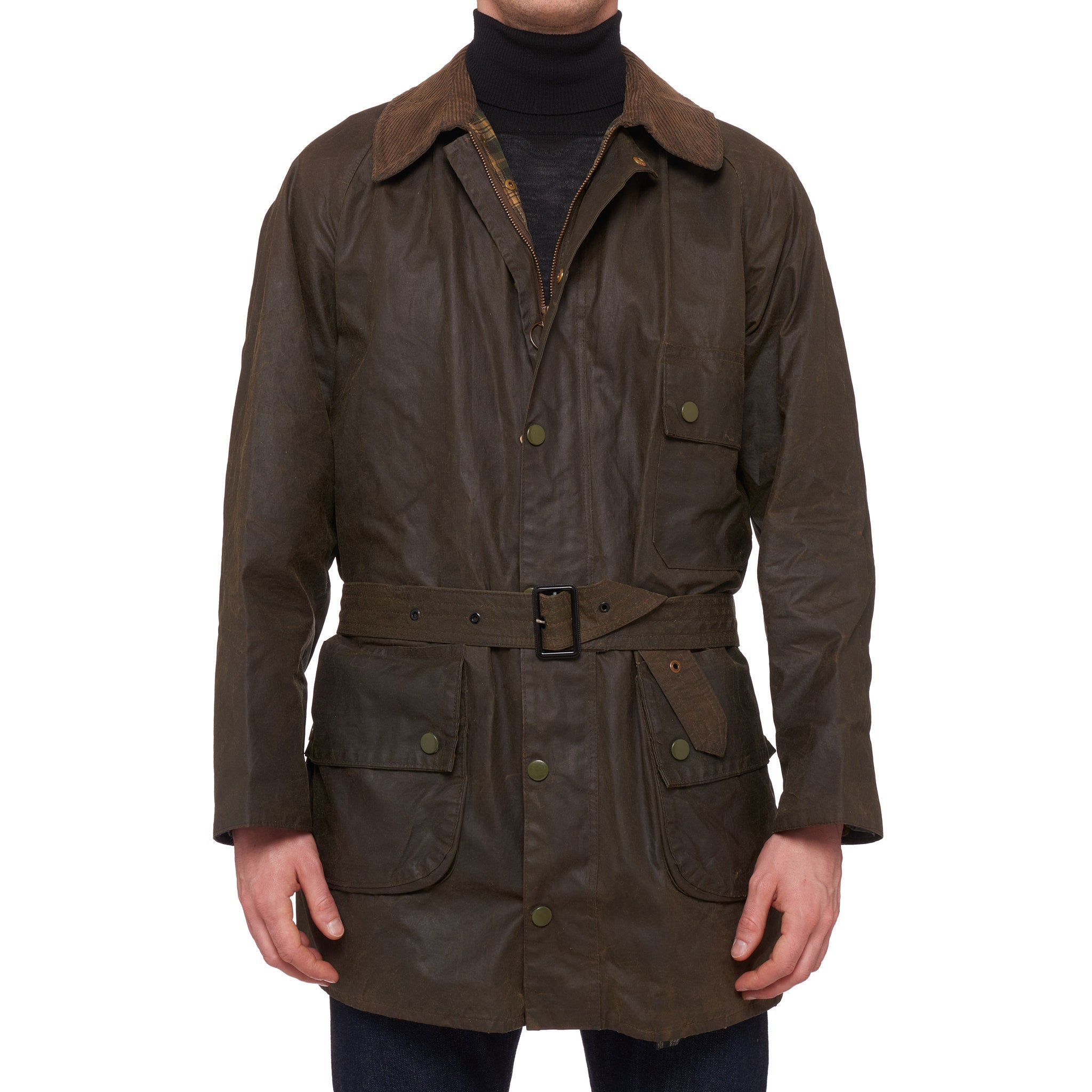 Vintage BARBOUR "Solway Zipper" Waxed Belted Jacket Coat Size 46 One Crest BARBOUR