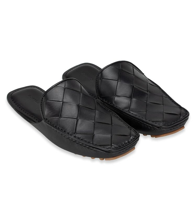 BOTTEGA VENETA DOUGLAS Black Woven Open-back Loafers Leather Slipper Shoes