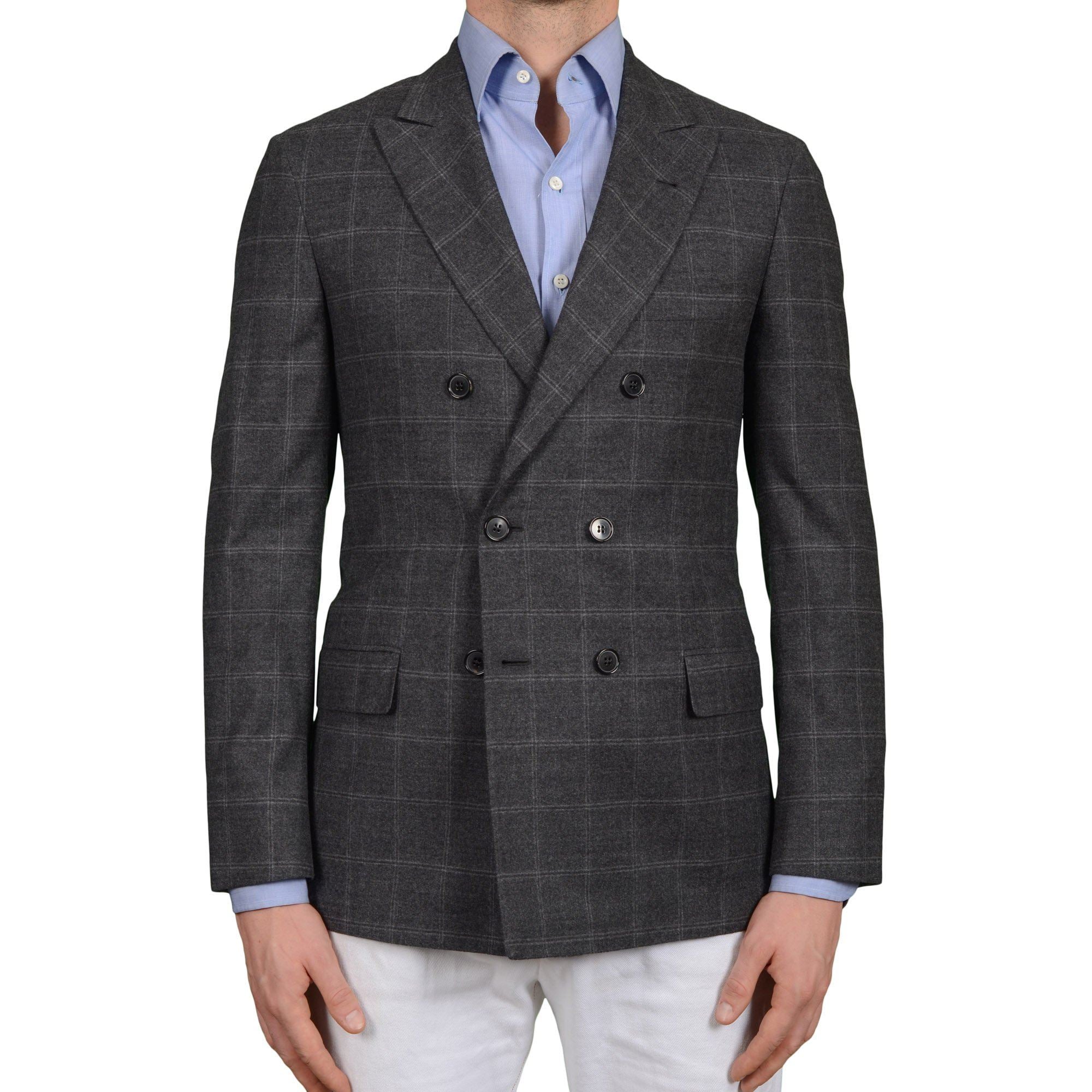 D'AVENZA Handmade Gray Plaid Wool Flannel DB Jacket Sport Coat